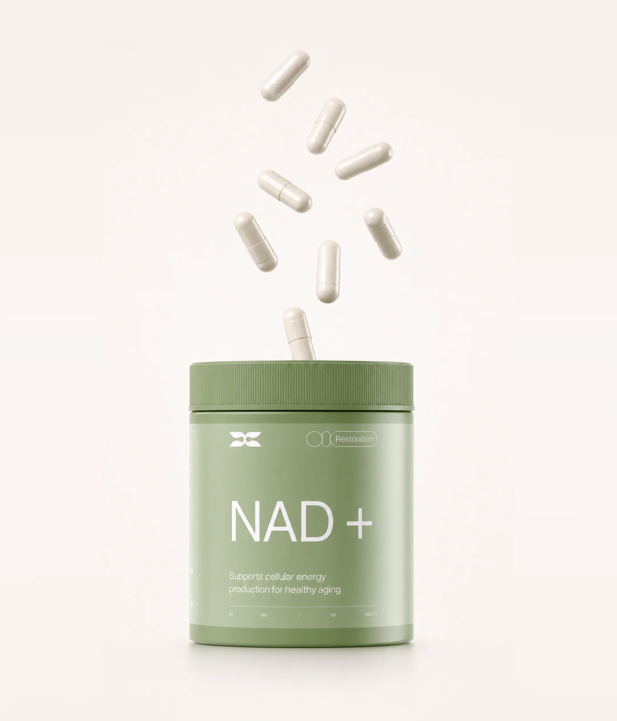 NAD+ supplement jar with capsules floating above the lid