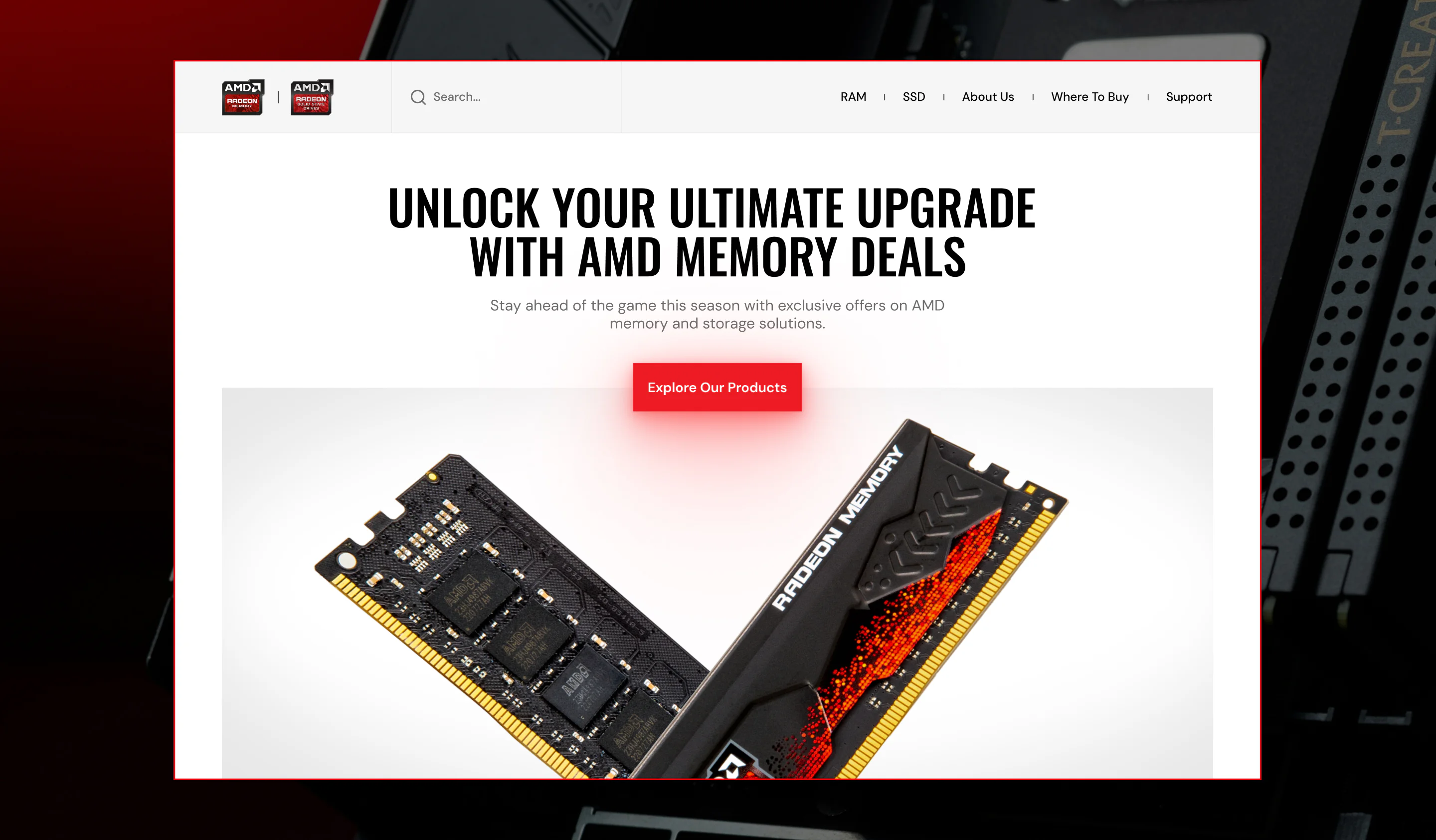AMD memory and storage catalog homepage with product categories and navigation.