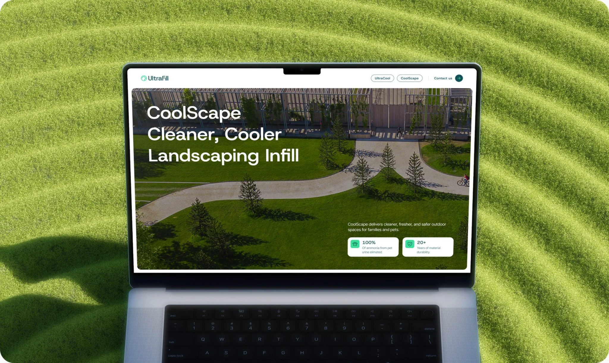 Product focused website design displayed on a laptop screen