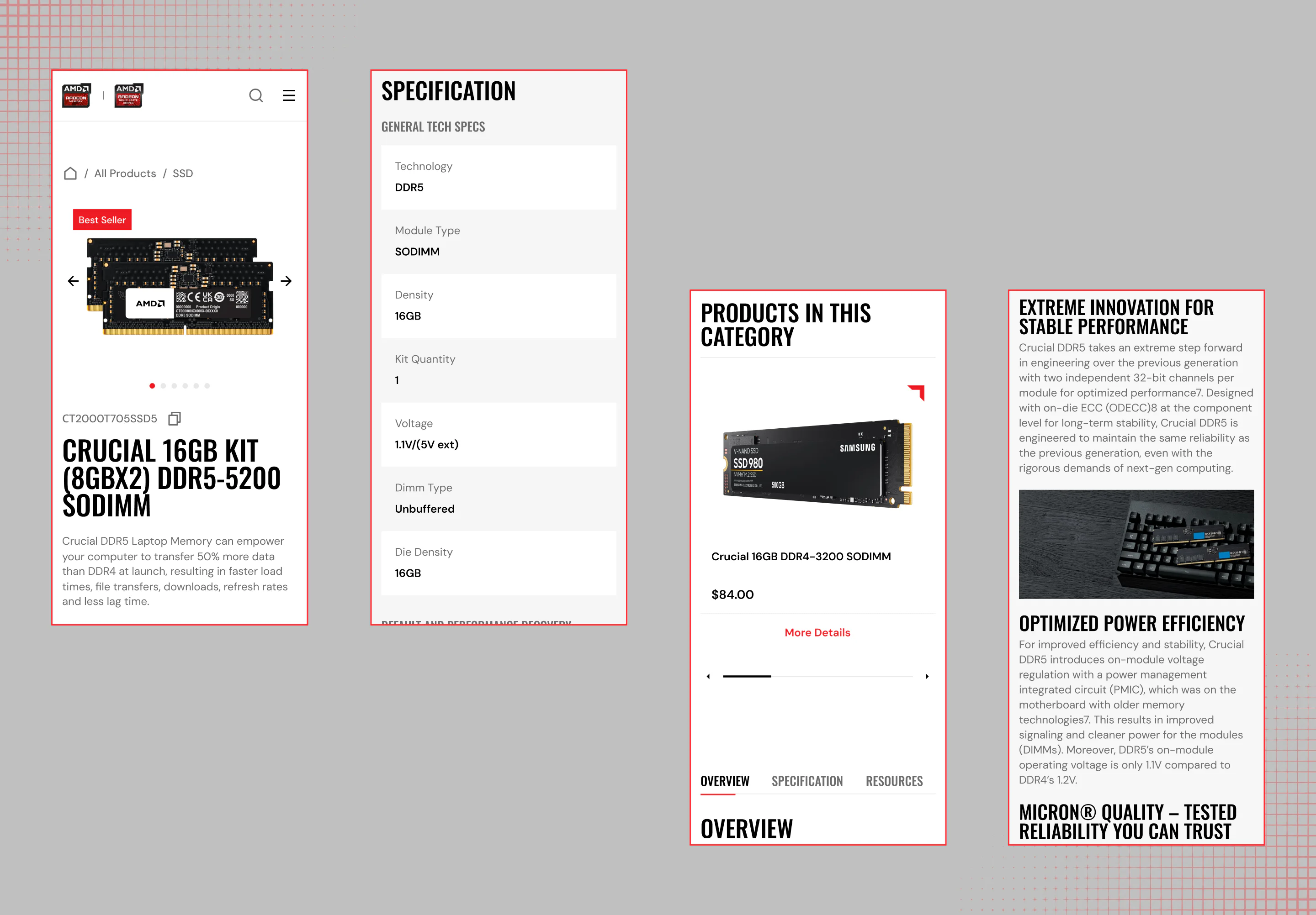 Mobile product details and specifications page