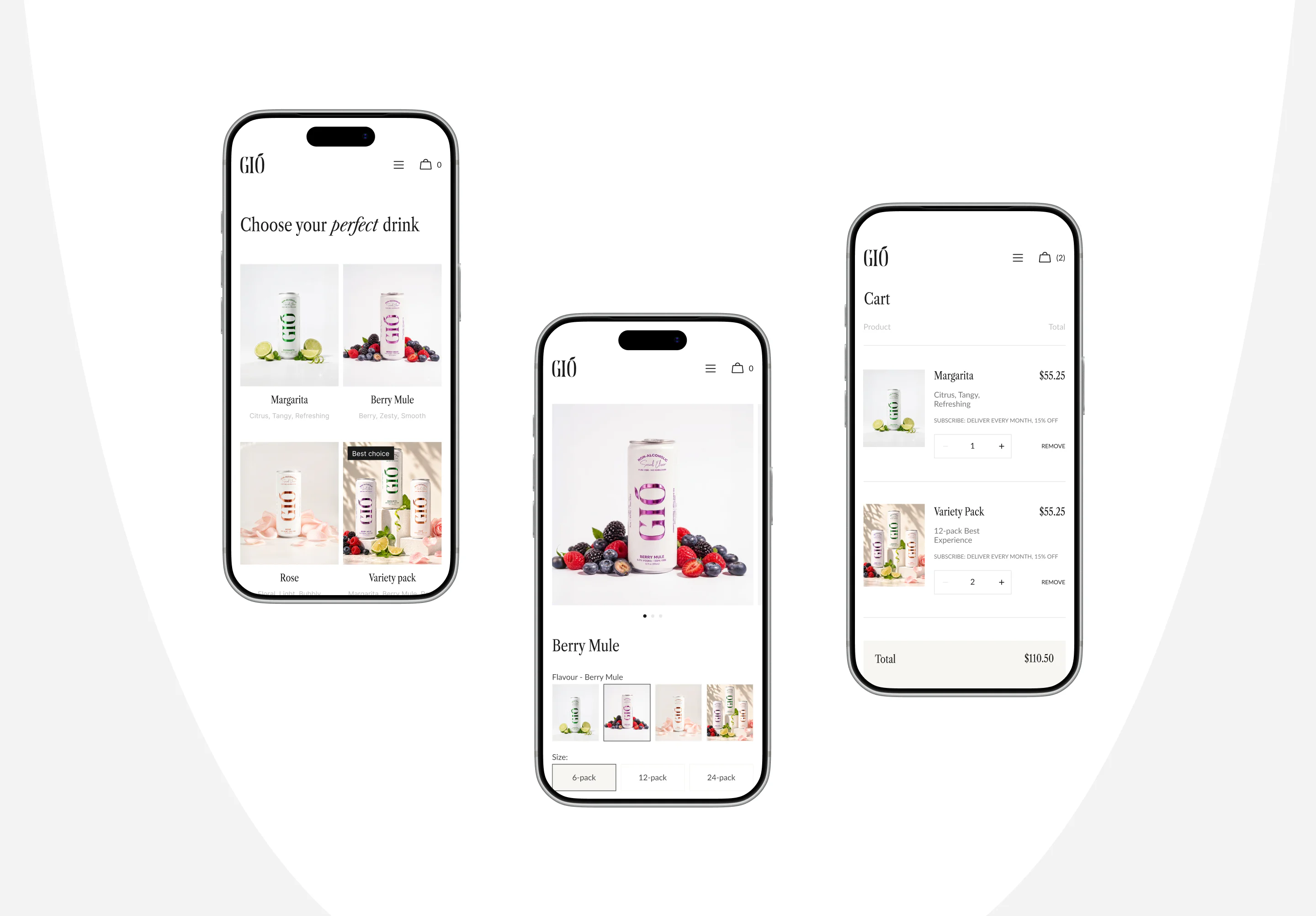 mobile shopping flow with product selection and cart screens