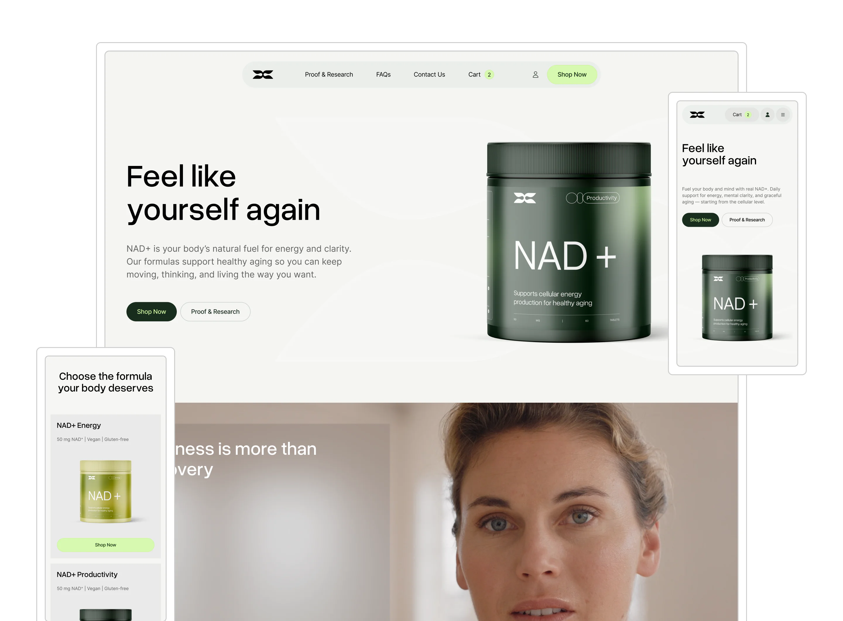 Shopify wellness homepage design with supplement product cards