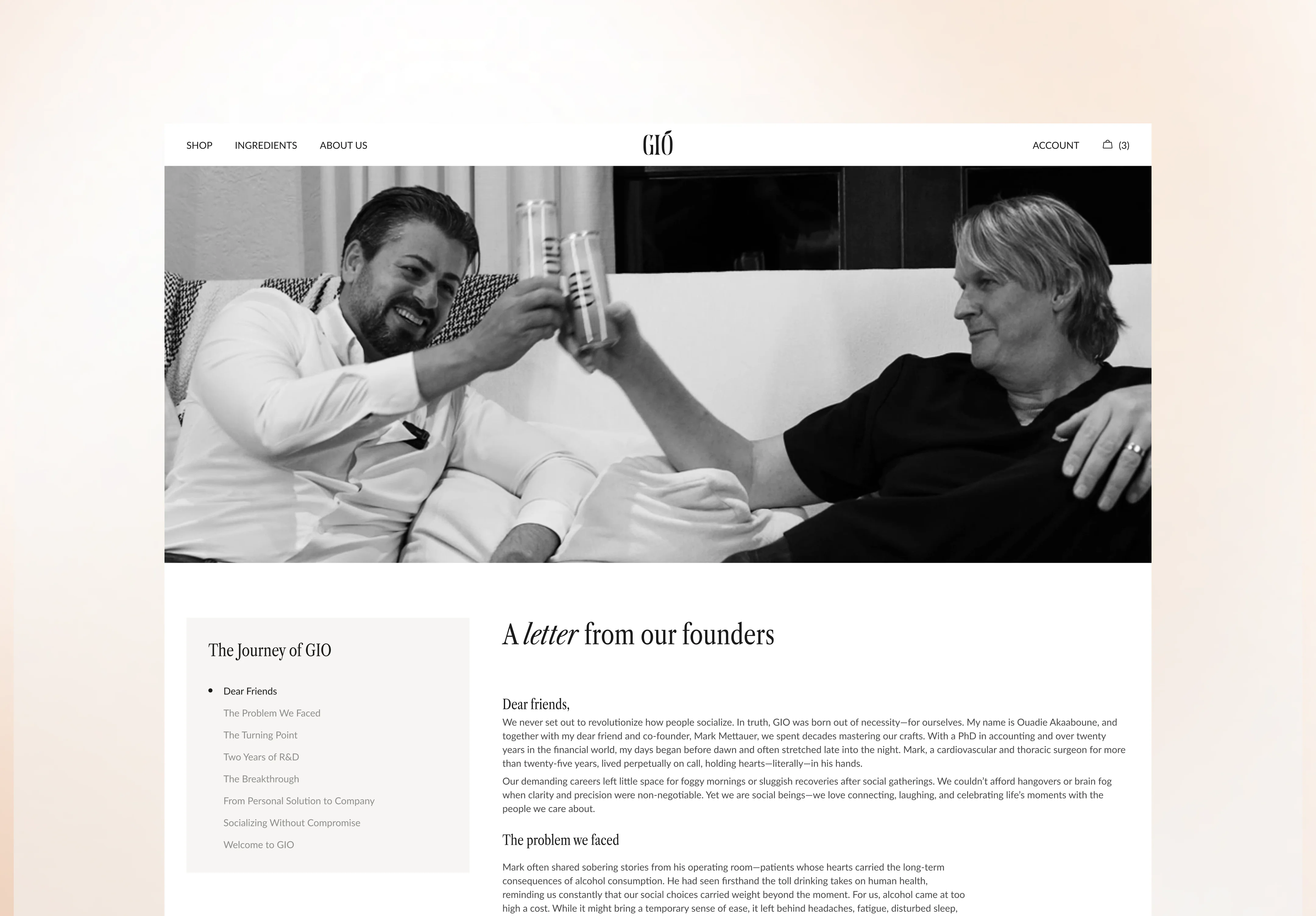 Alcohol-free drink about page with founders letter and lifestyle hero image