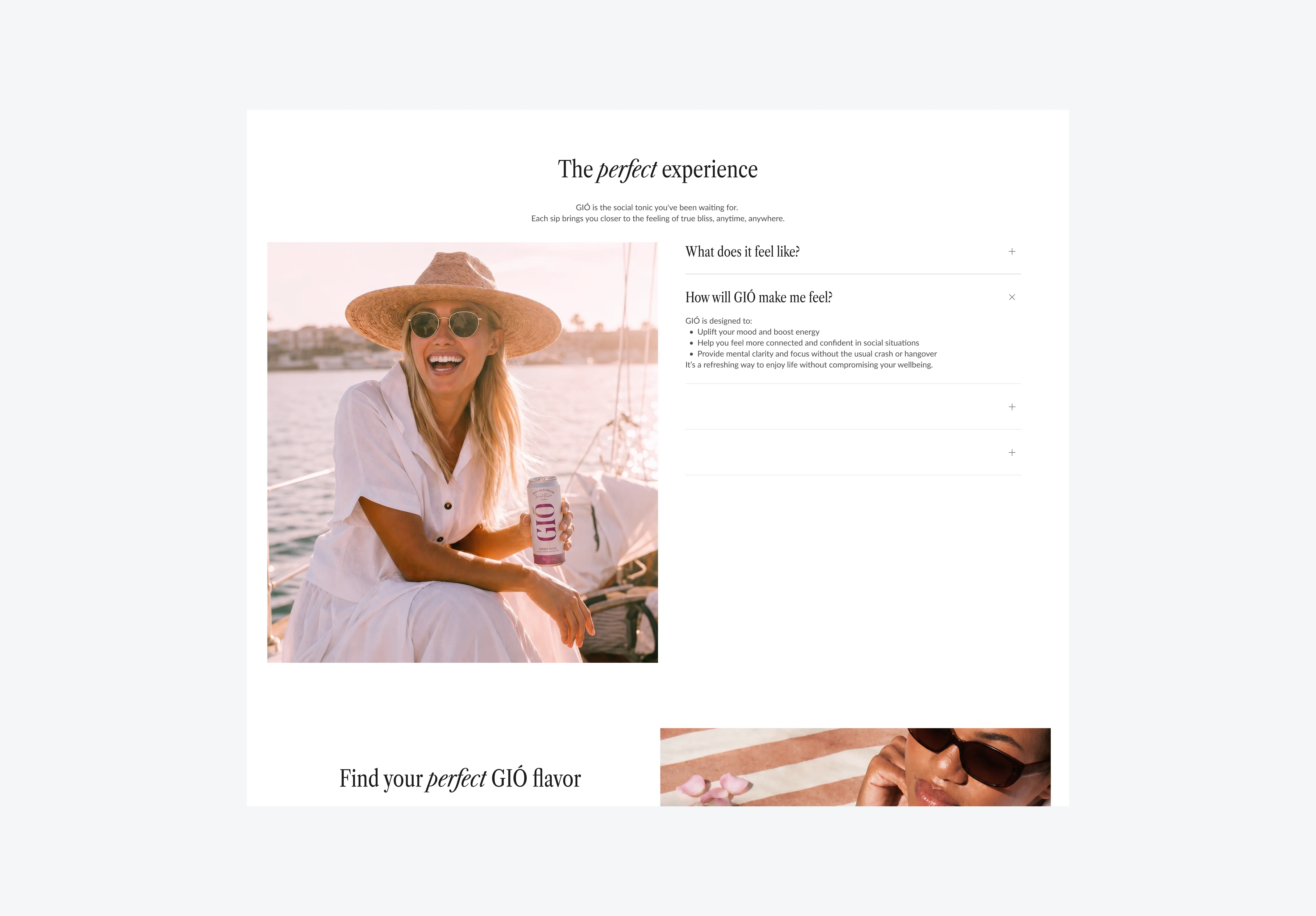 Shopify website section showing a woman holding a beverage can on a boat, FAQ accordion, and flavor finder block for a wellness drink brand