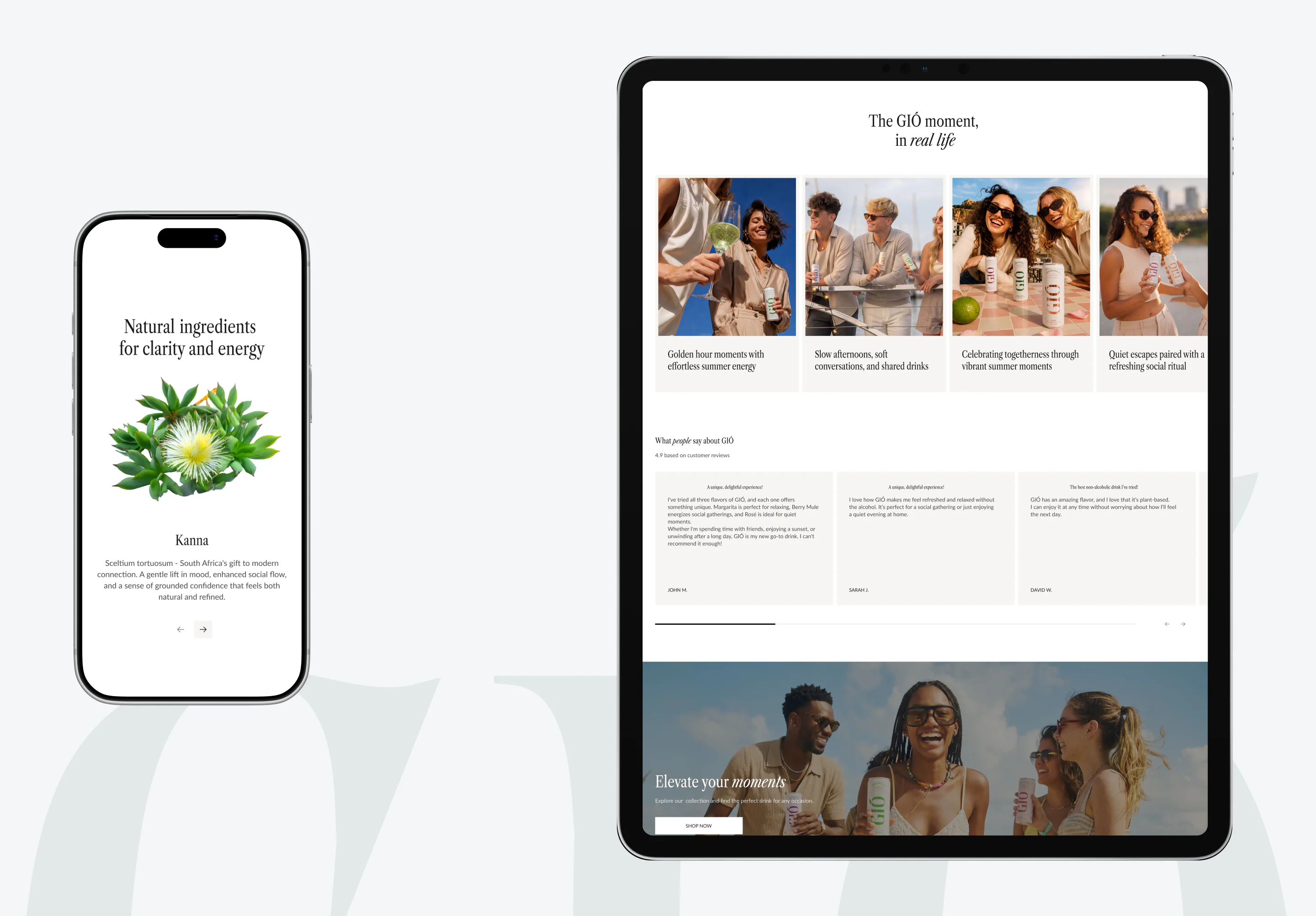 Shopify website design shown on mobile and tablet, featuring natural ingredients, lifestyle moments, customer reviews, and product-focused wellness beverage content