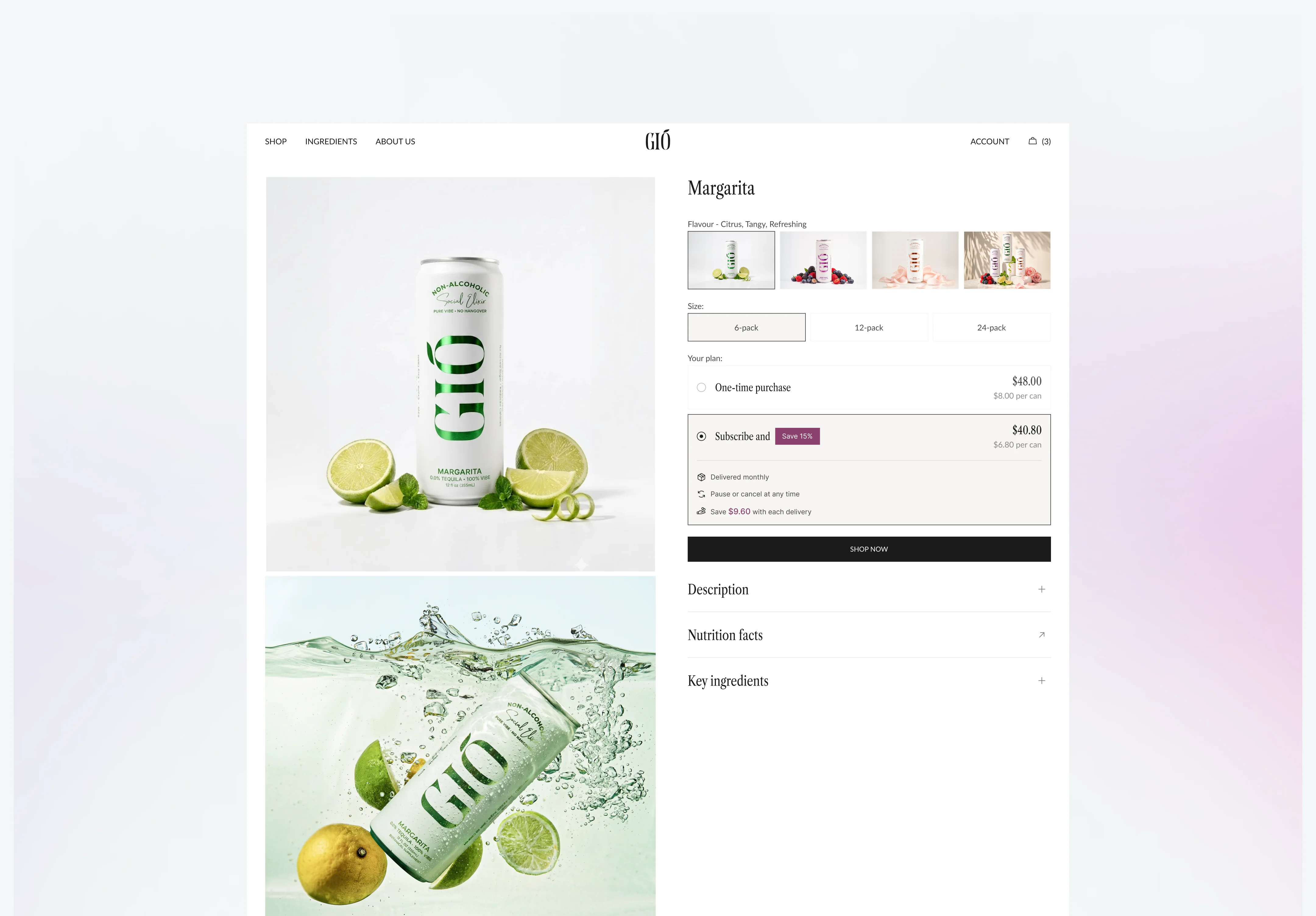Shopify product page design for Margarita flavor, showing product photos, pack size options, subscription pricing, and ingredient sections for a non-alcoholic wellness beverage