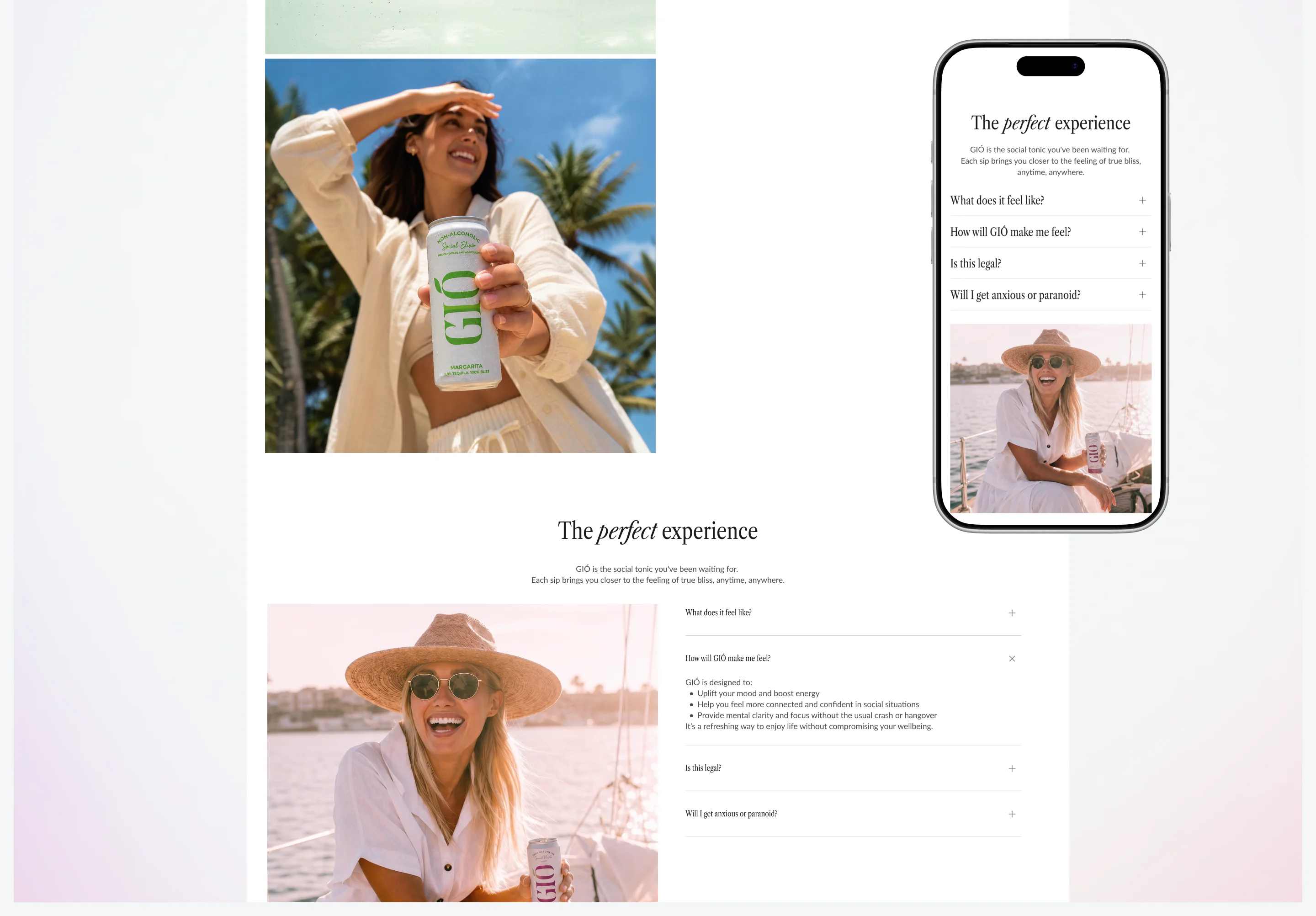 Alcohol-free drink website layout with product FAQ and mobile experience section