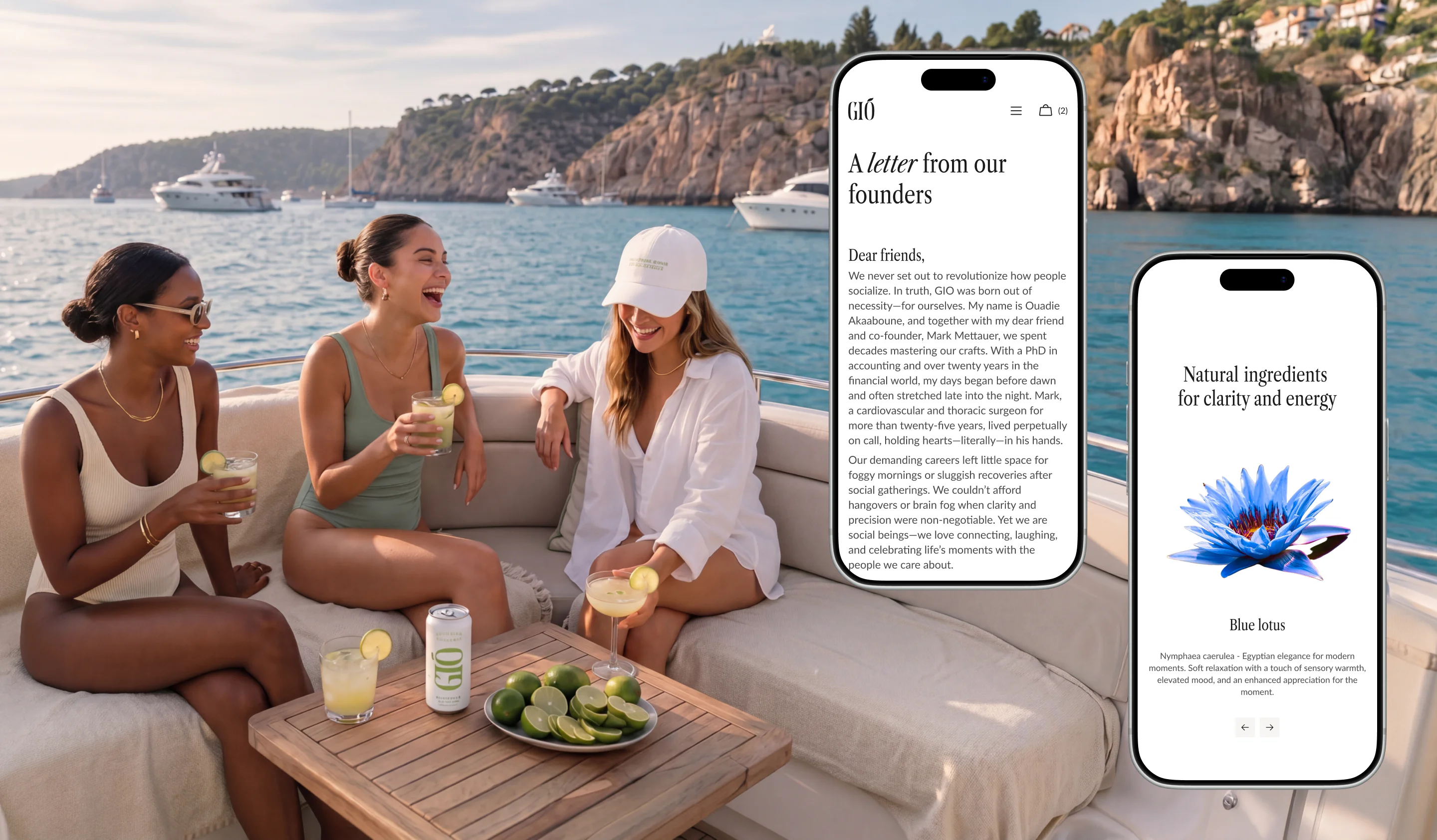 GIO mobile website design shown over a lifestyle yacht scene, featuring a founder letter page, natural ingredients section, and non-alcoholic wellness beverage branding