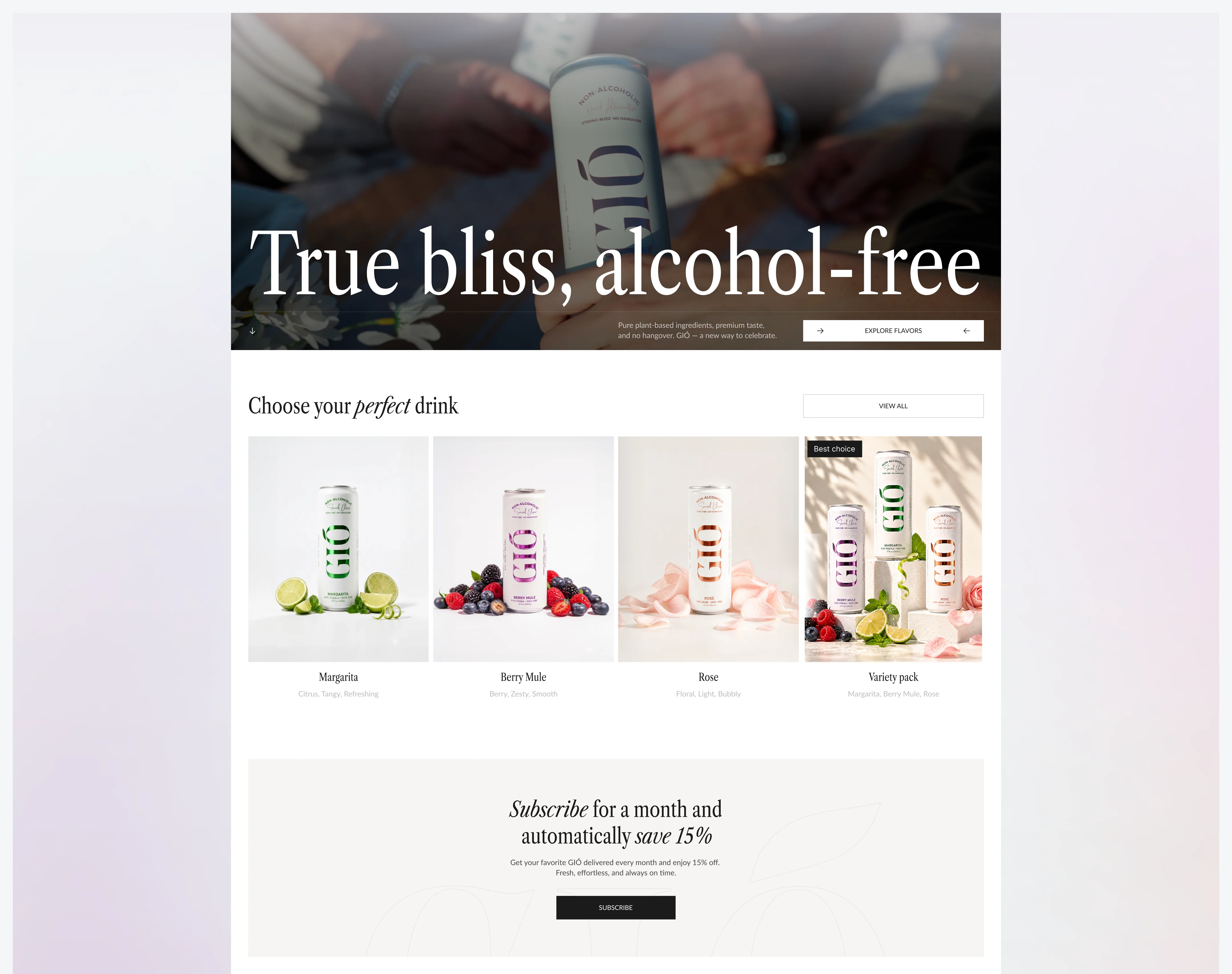 Shopify homepage with alcohol-free drink flavors