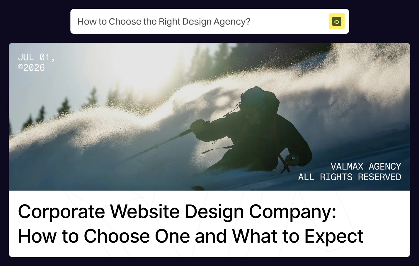 Featured image for an article about choosing a corporate website design company, with a skier in motion and the article headline.