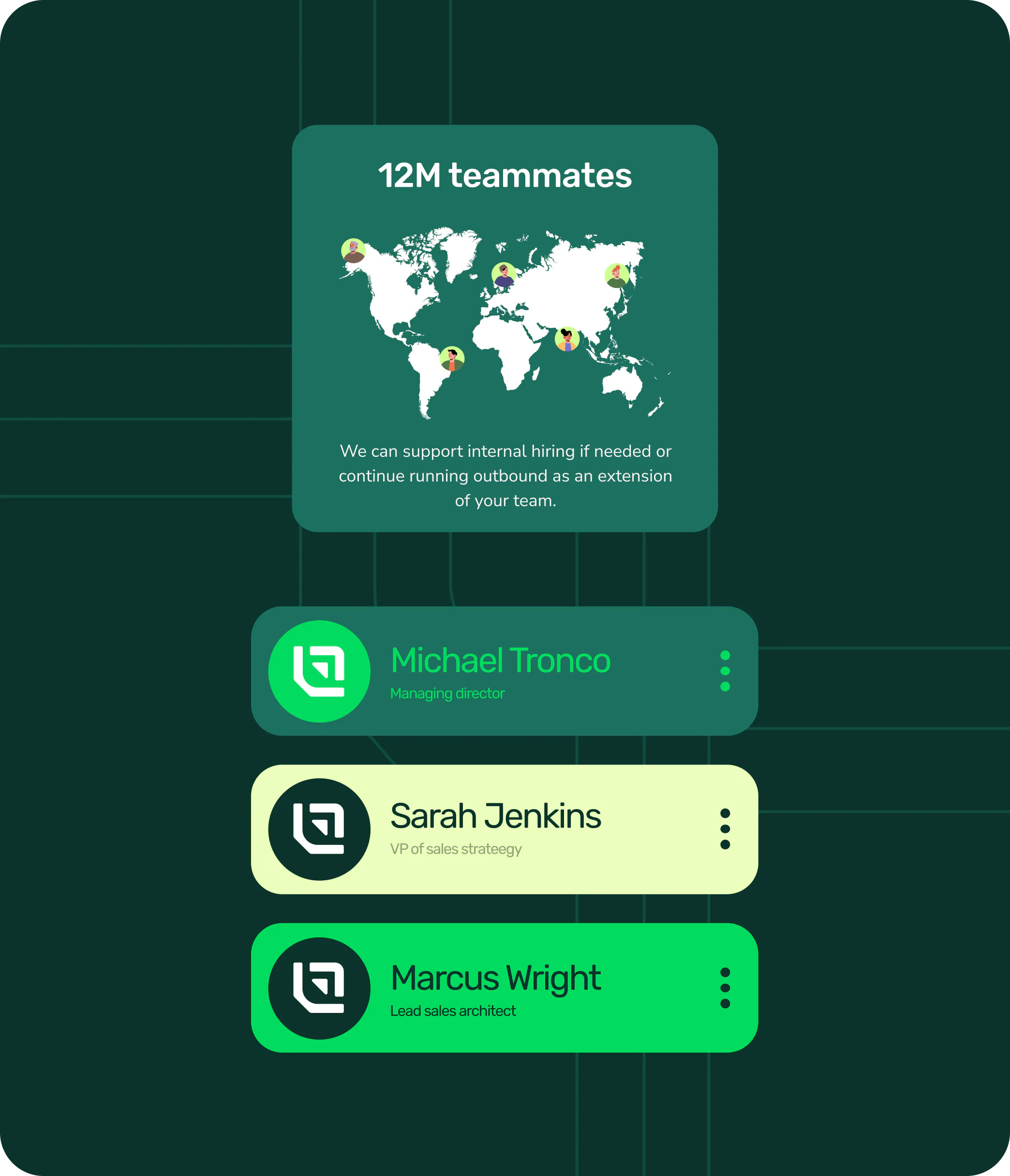 brand system featuring team interface cards, custom illustrations, and a modern visual identity for a B2B company