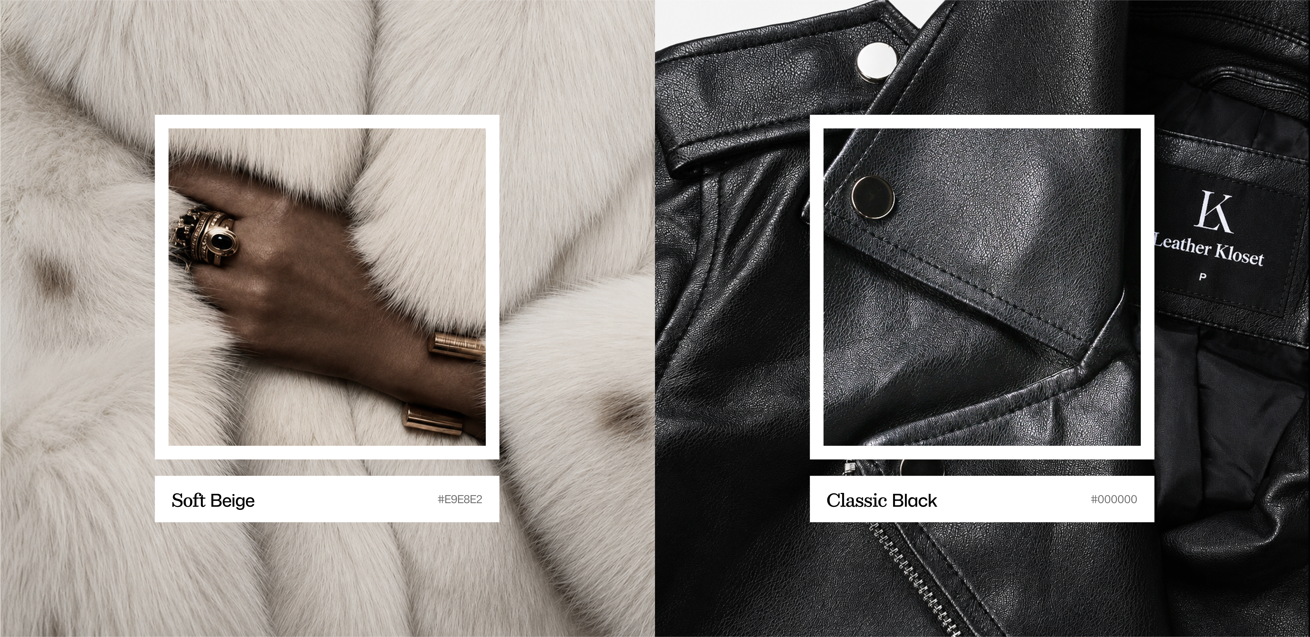 color palette featuring Soft Beige and Classic Black across fur and leather textures