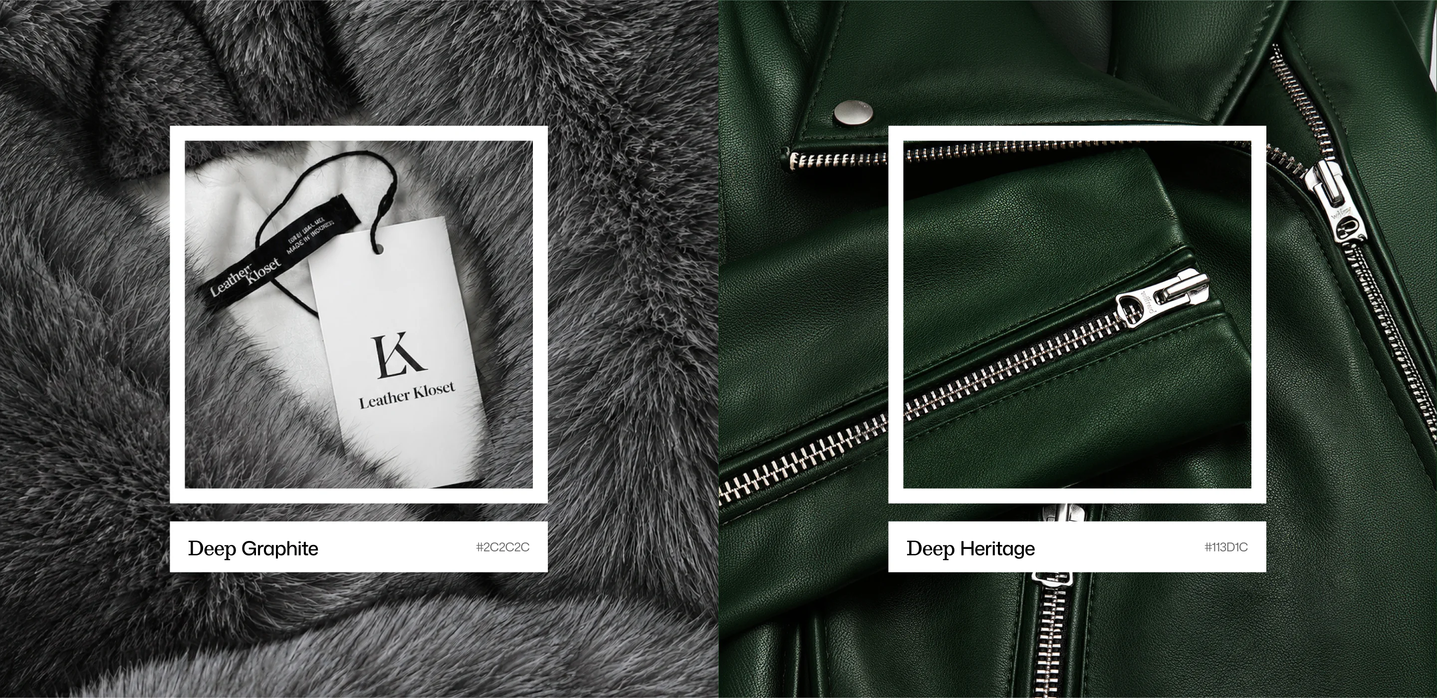 color palette featuring Deep Graphite and Deep Heritage green with branded material details