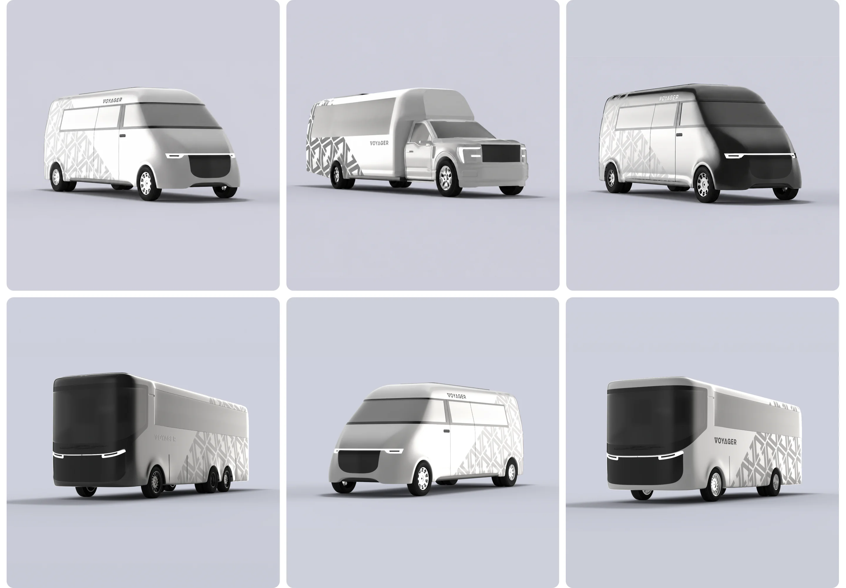 3D models of Voyager buses and shuttles featuring the brand’s geometric pattern