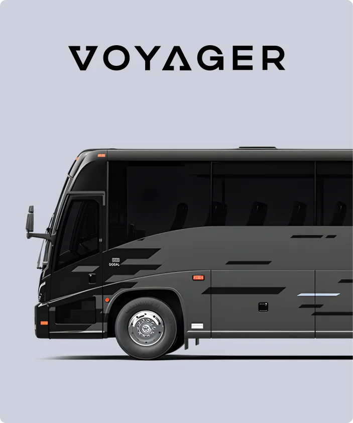 Voyager logo displayed above a black branded charter bus