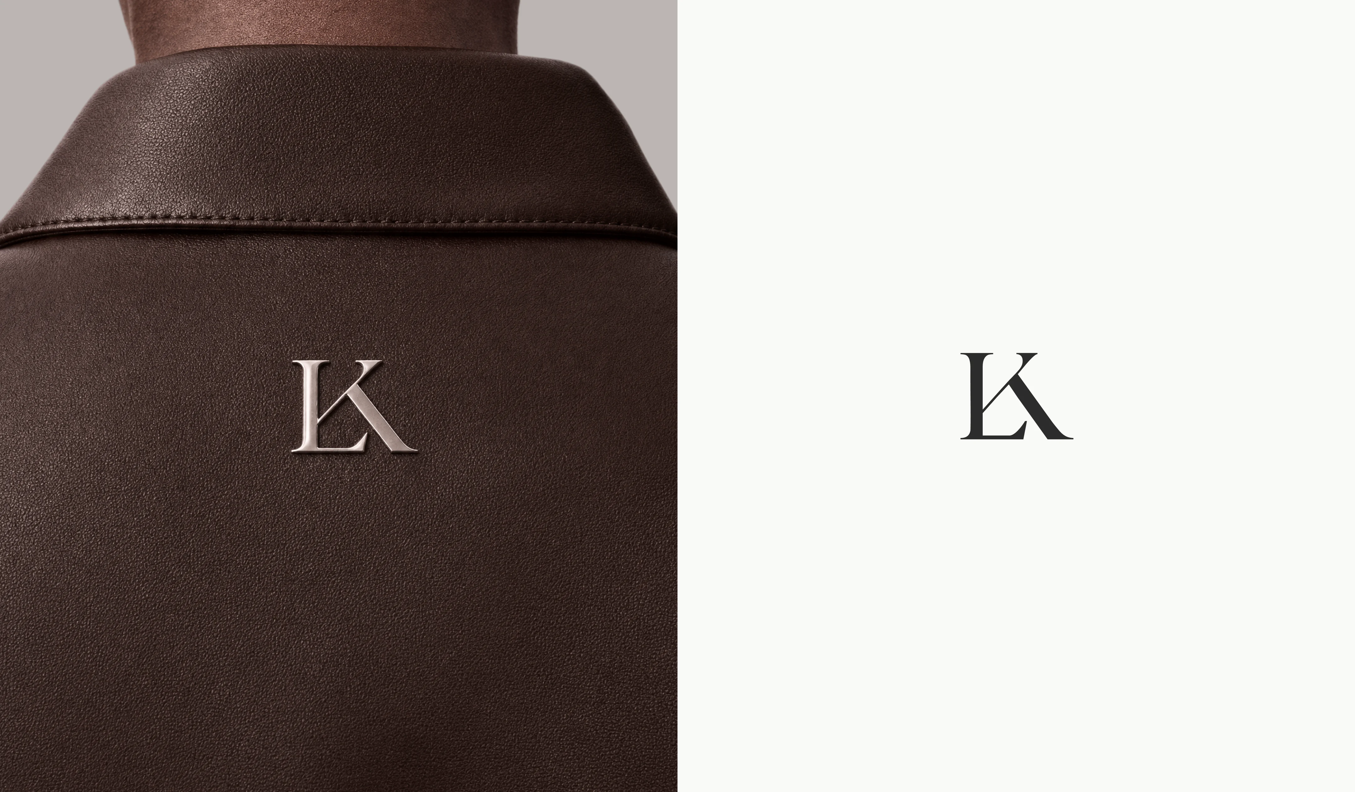 LK monogram shown as a metal detail on brown leather and as a standalone logo