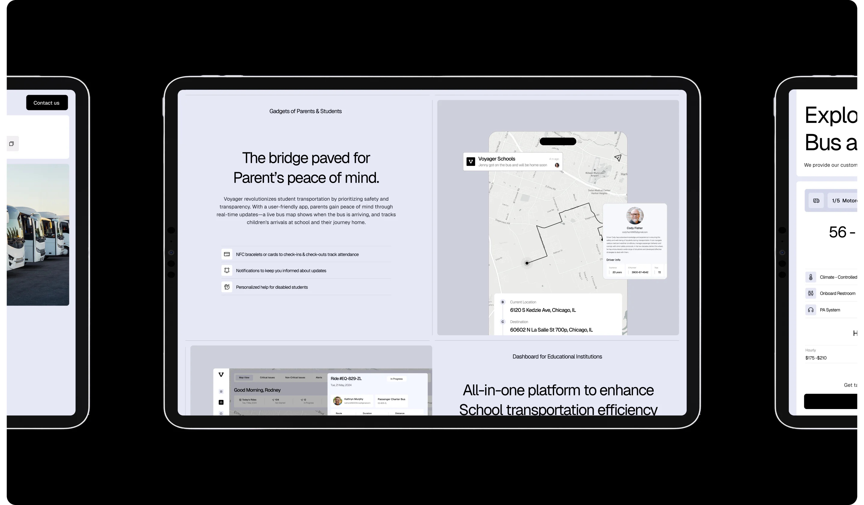 School platform interface showing real-time bus tracking, parent notifications, student check-ins, and an educational dashboard