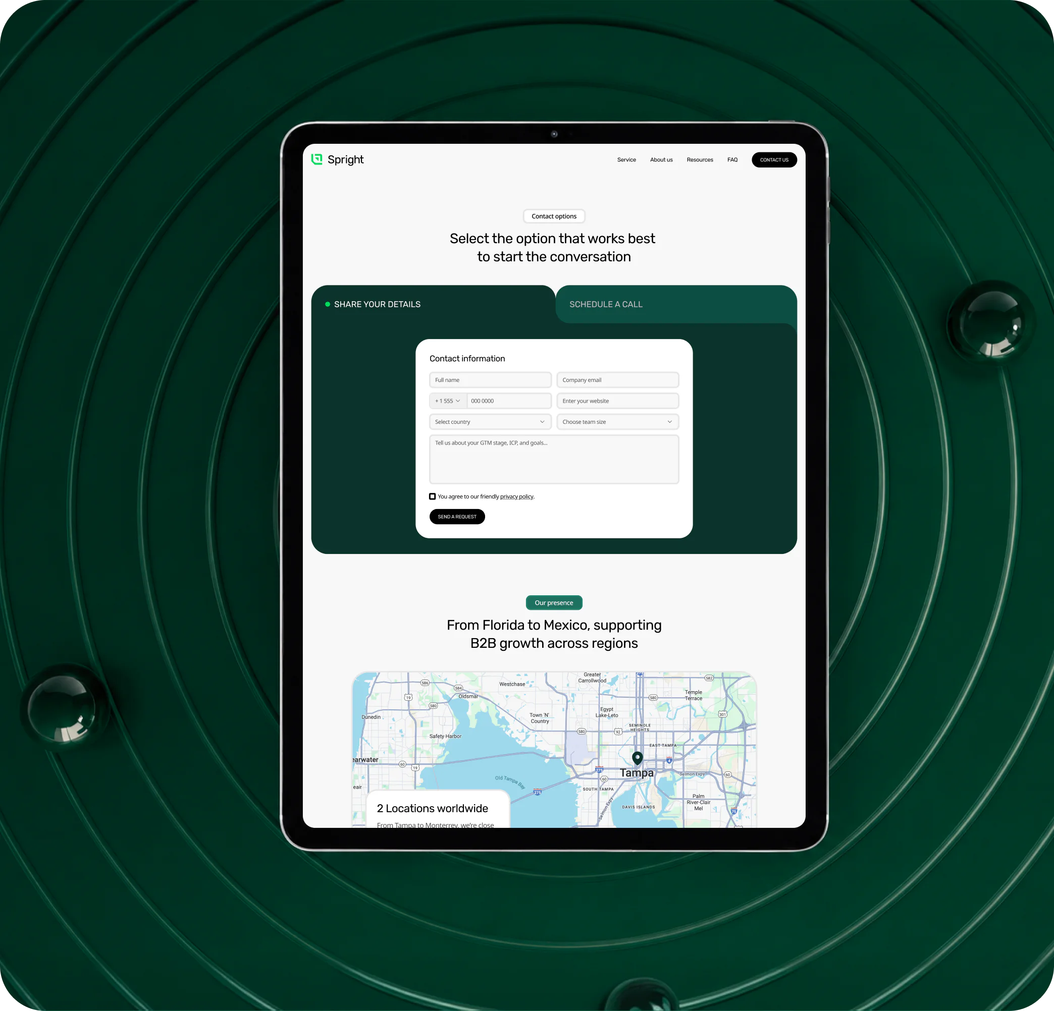 contact page displayed on a tablet with a custom inquiry form, location map, and responsive B2B website design