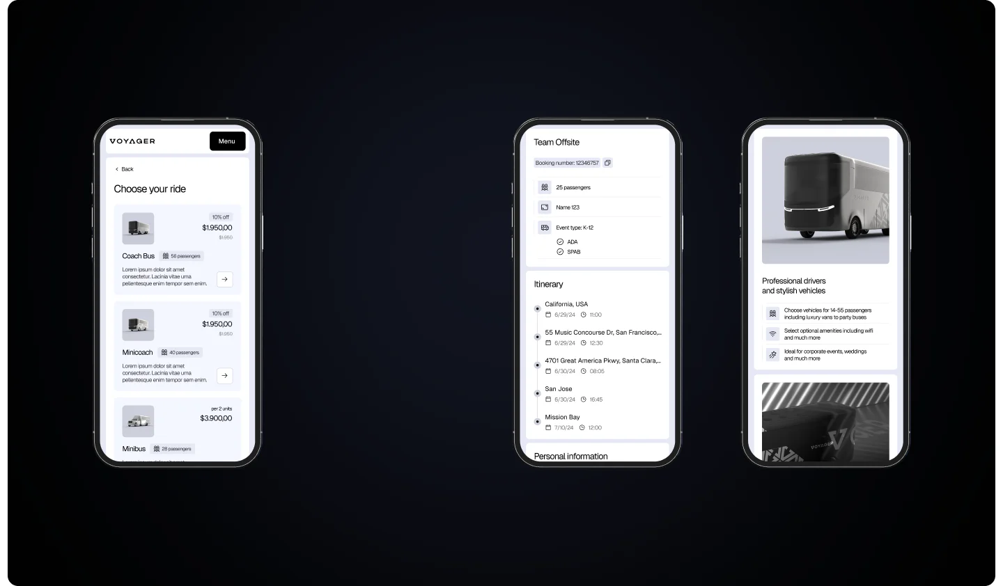 mobile interfaces showing vehicle selection, trip itinerary, and charter bus service details