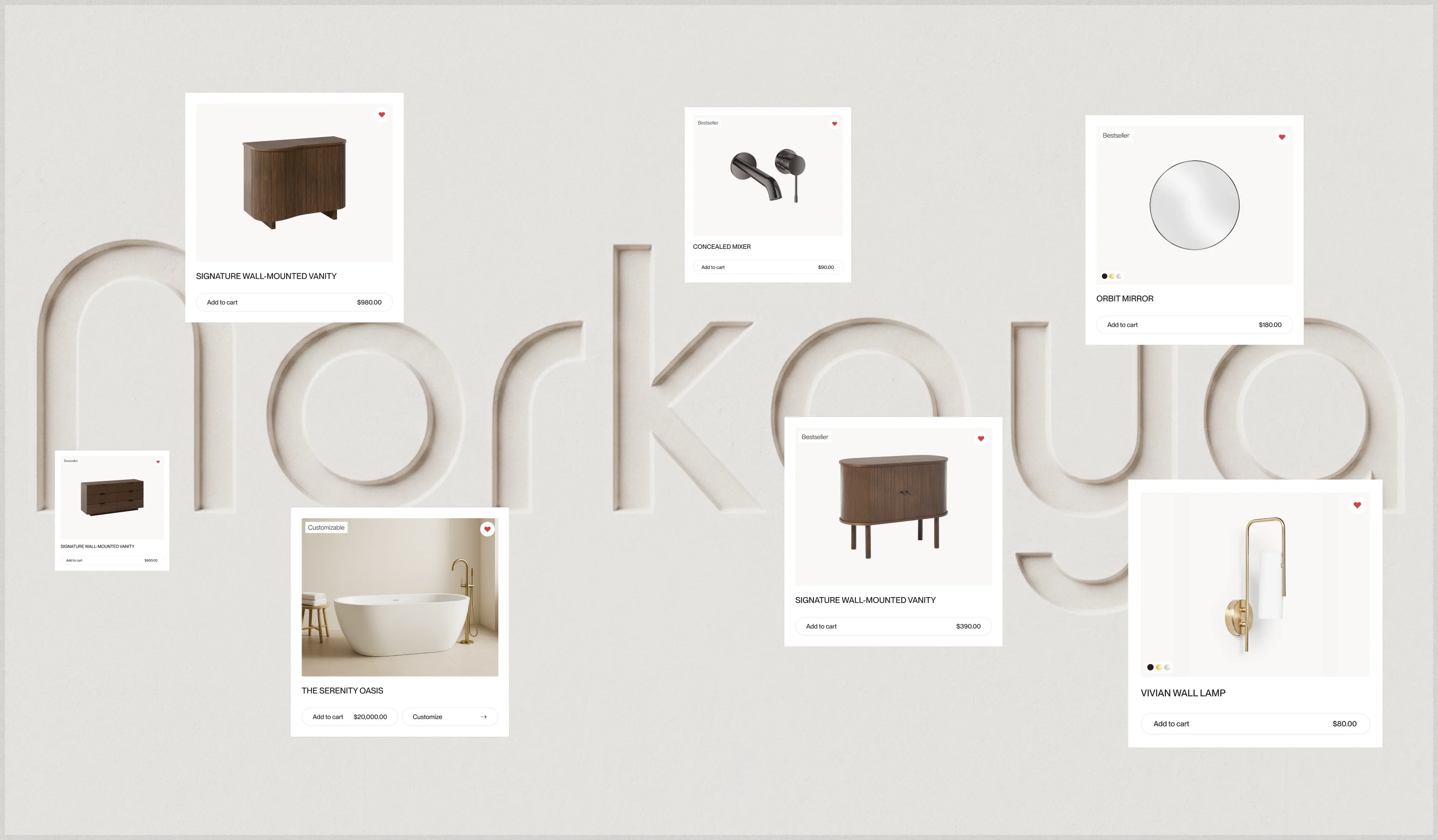 luxury bathroom product cards featuring vanities, a bathtub, faucet, mirror, and wall lamp