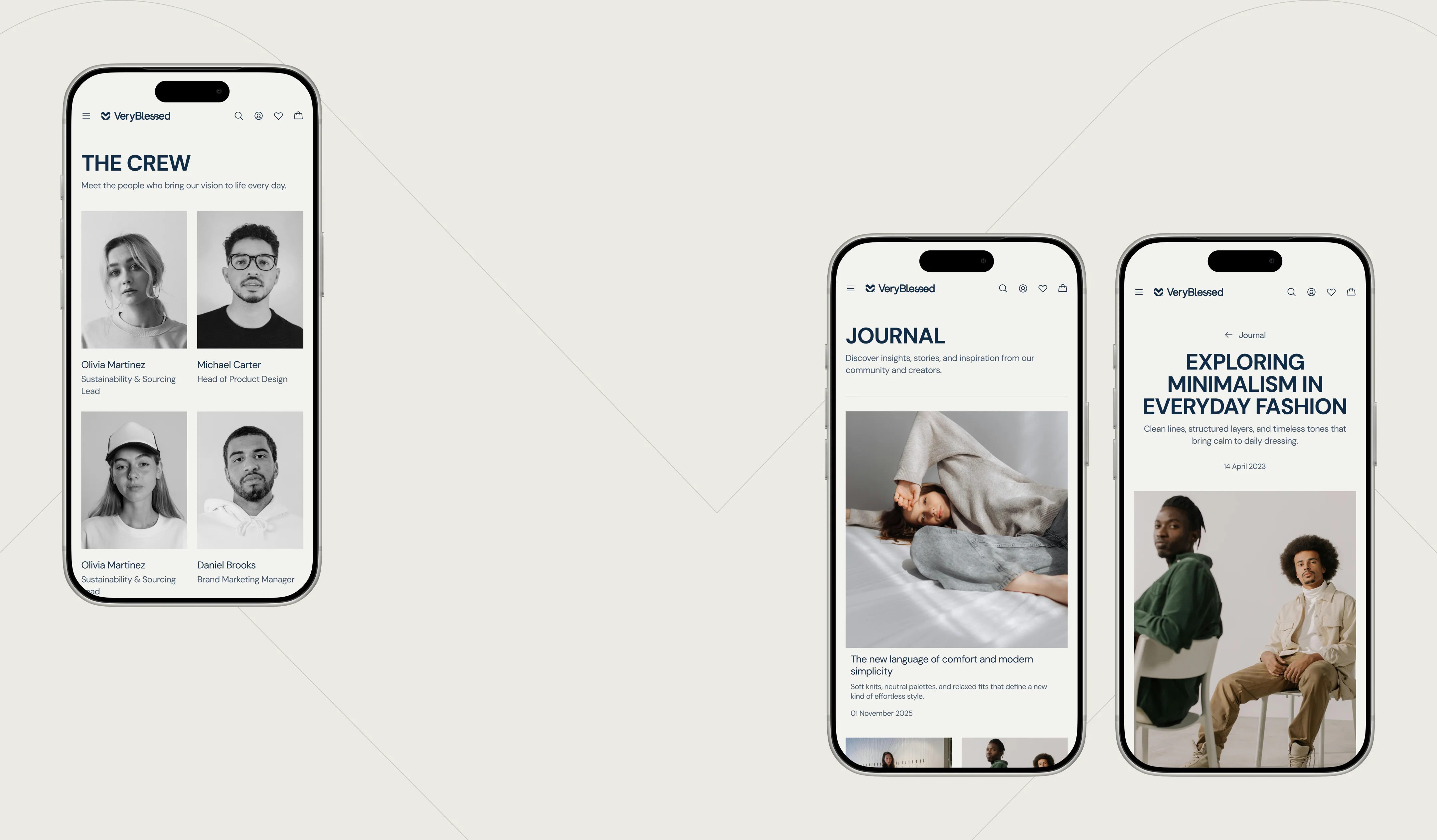 mobile website screens featuring the brand team, fashion journal, and editorial article pages