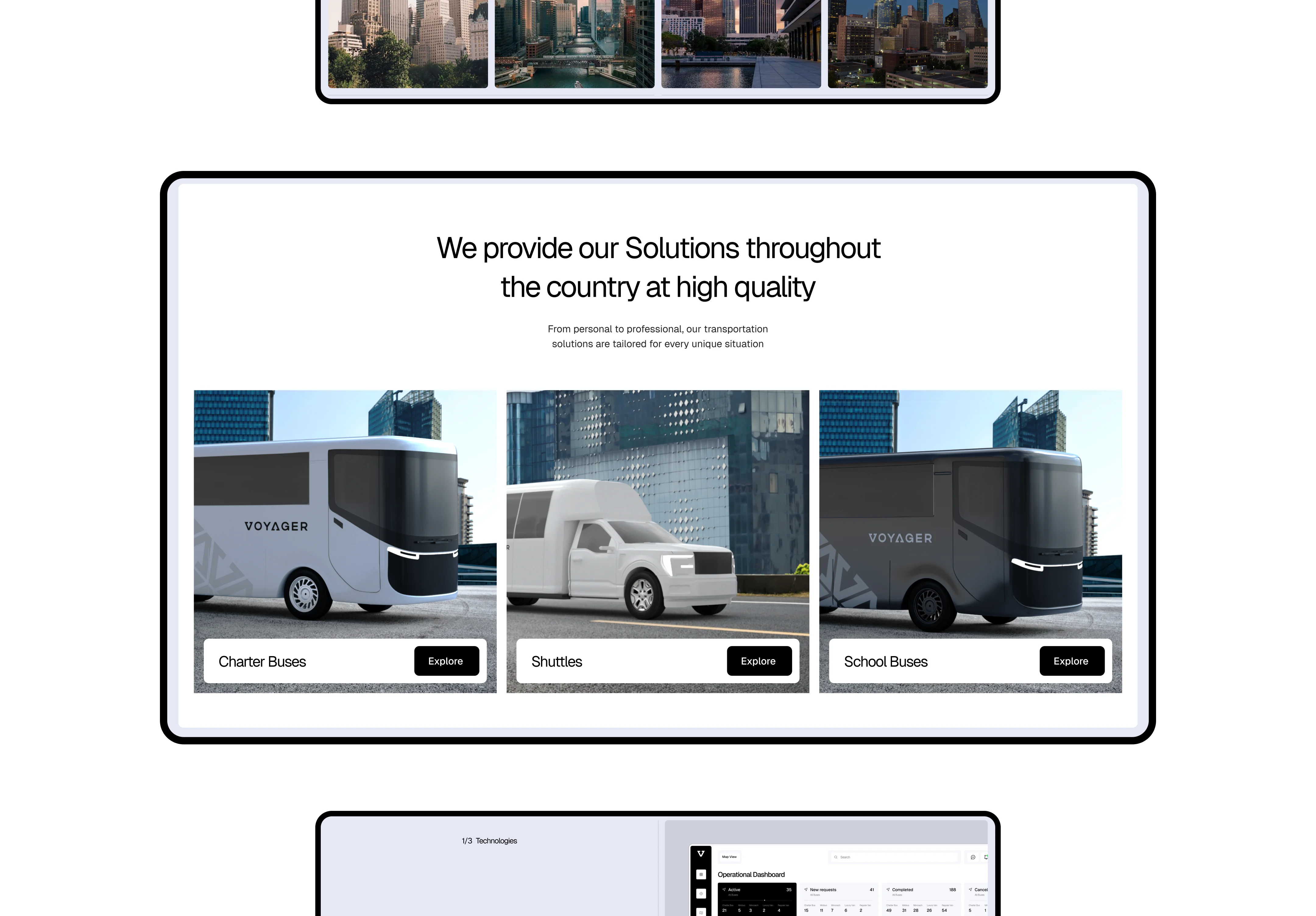 website section presenting charter buses, shuttles, and school bus transportation services