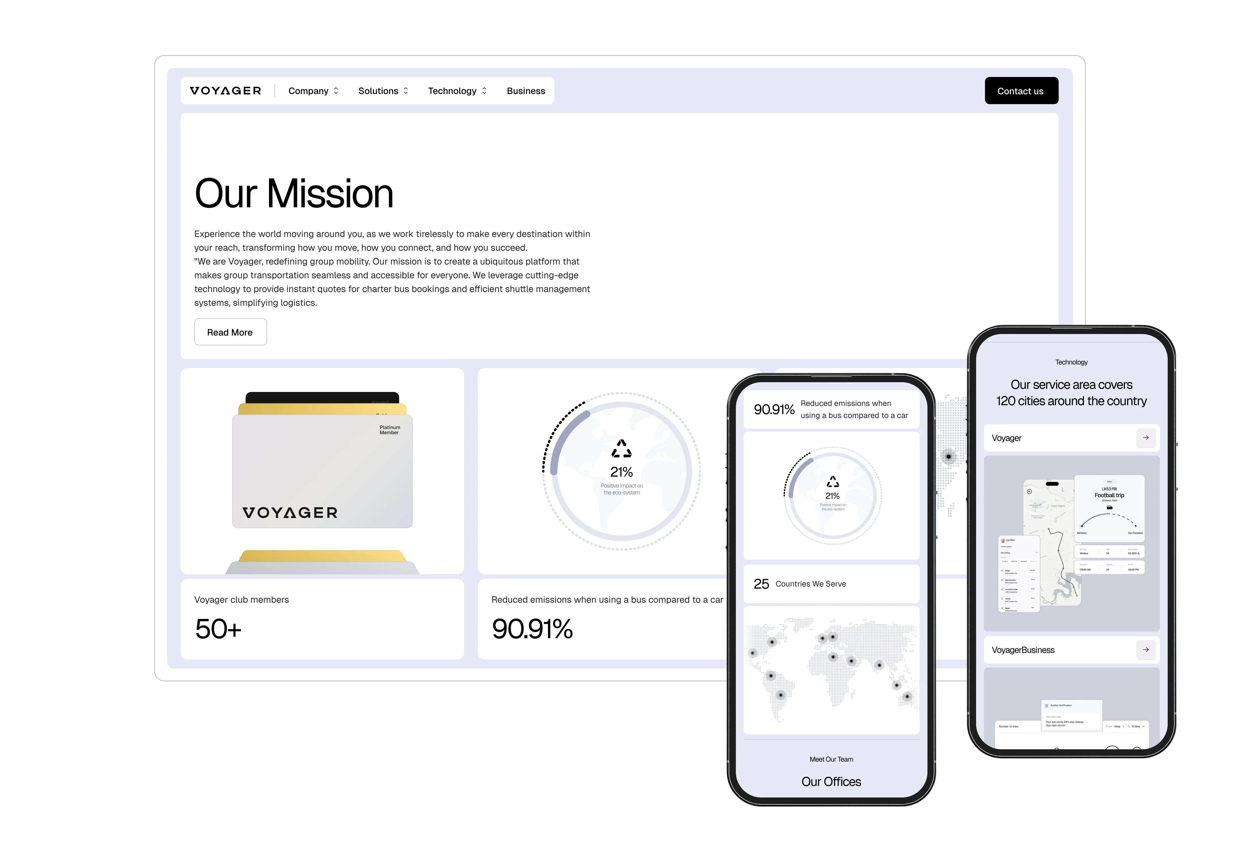 mission page shown across desktop and mobile screens with membership, sustainability, and service coverage content
