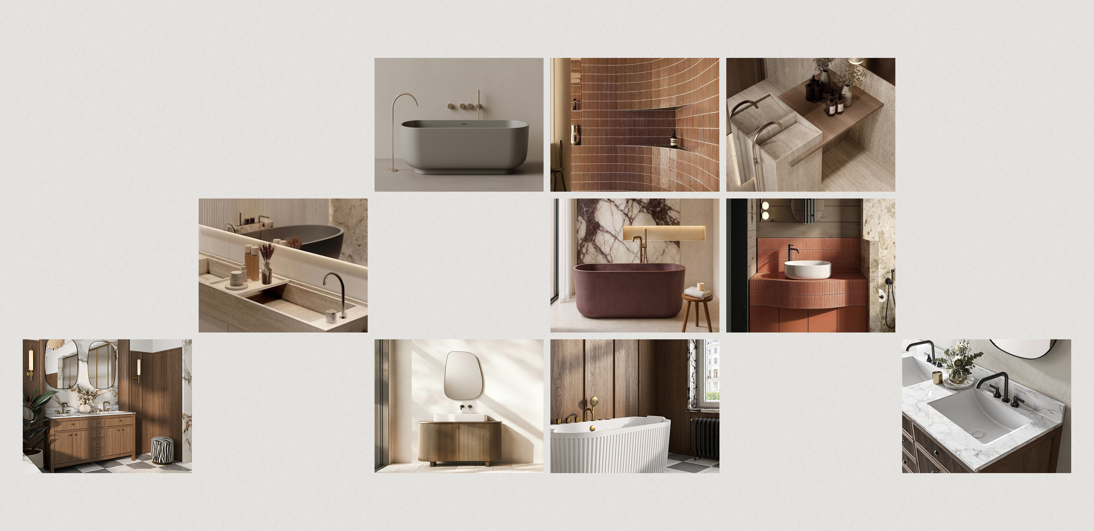bathroom mood board with custom bathtubs, vanities, sinks, and premium interior details