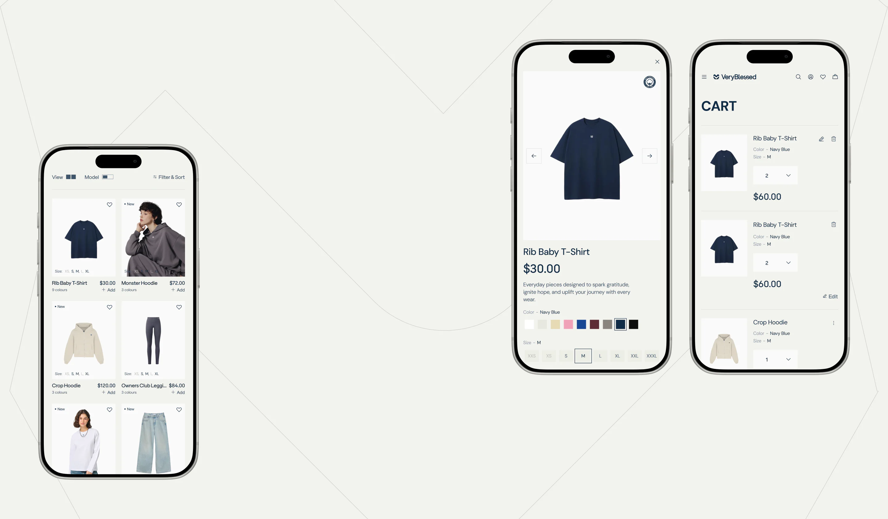 VeryBlessed responsive mobile store interface showing the product catalog, T-shirt product page, and shopping cart.