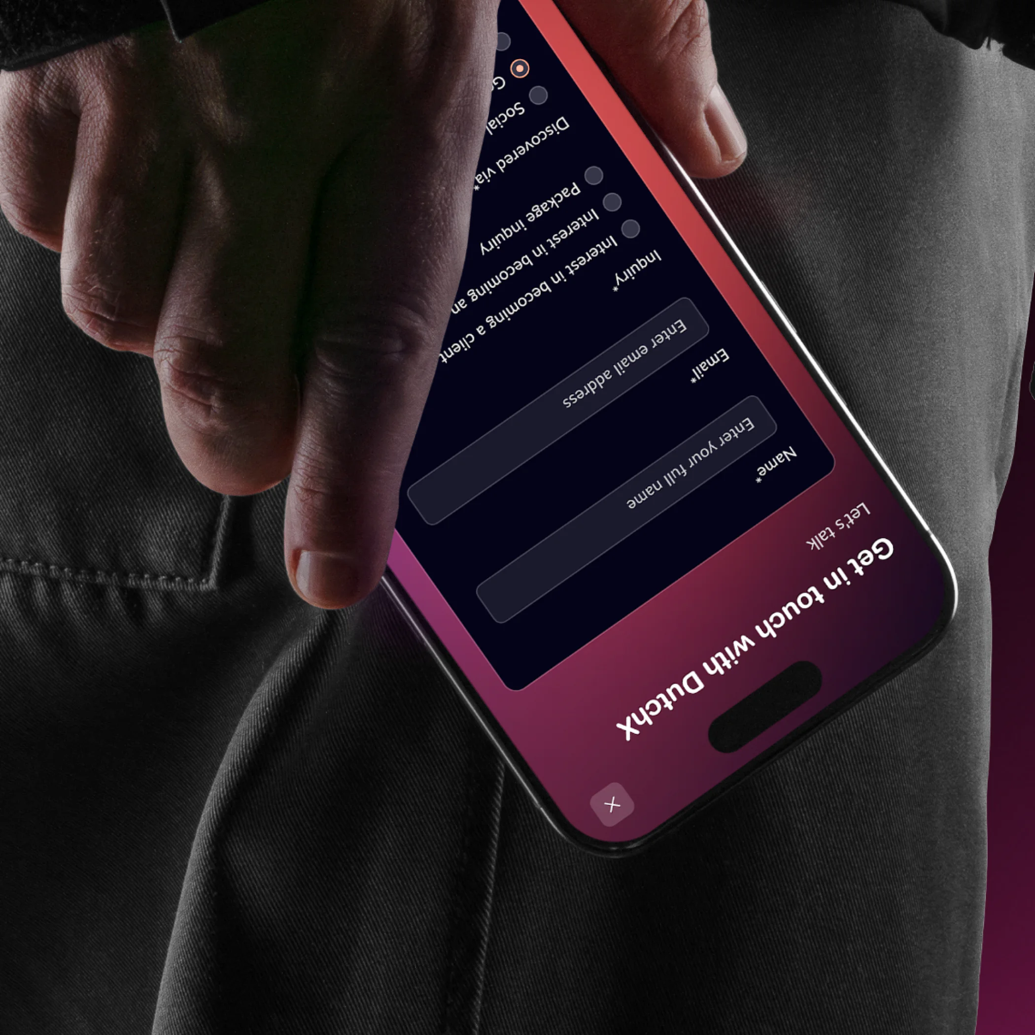 DutchX mobile contact form for logistics and delivery inquiries