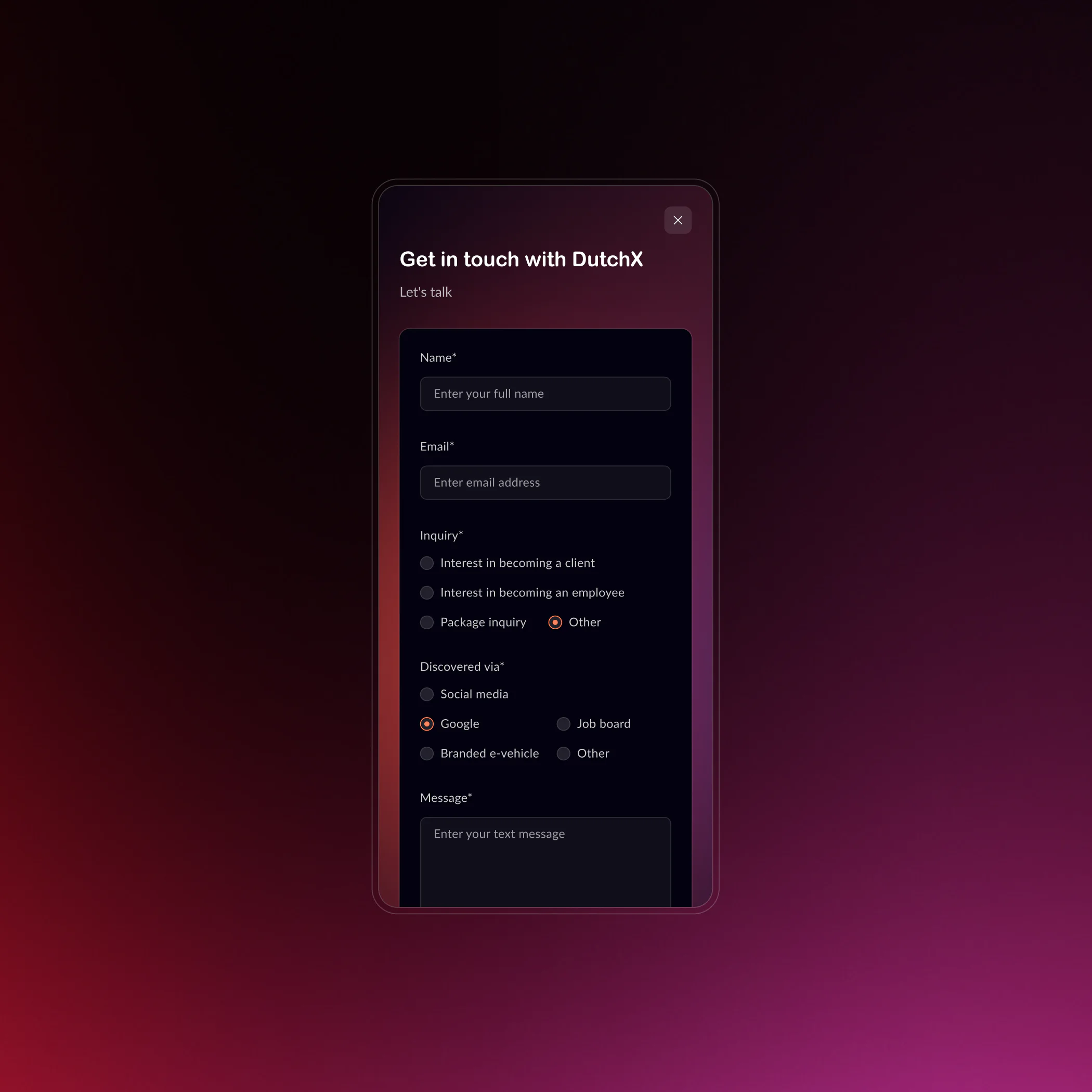 DutchX Contact Form UI Design