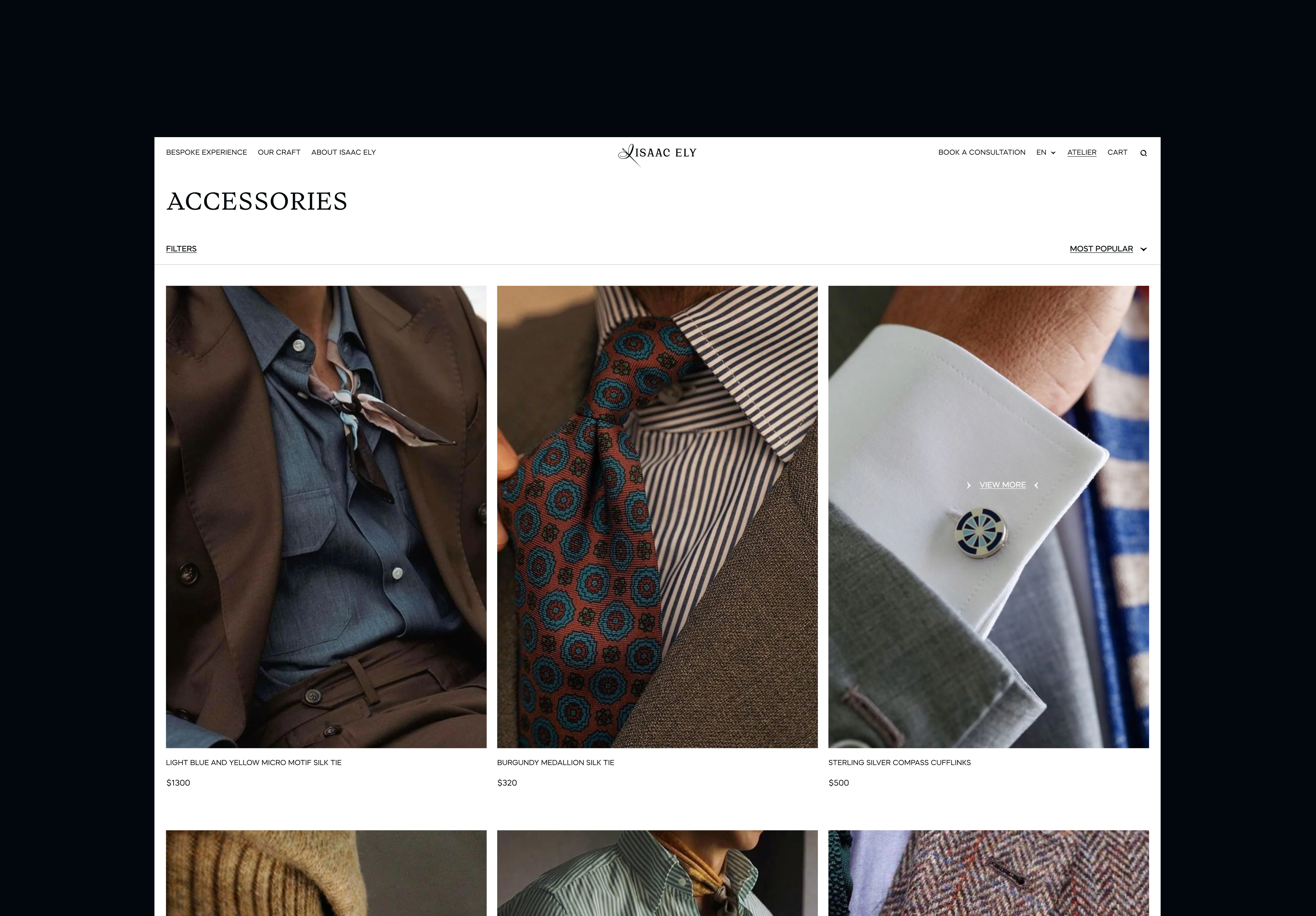 accessories collection page featuring silk ties, cufflinks, and luxury menswear details