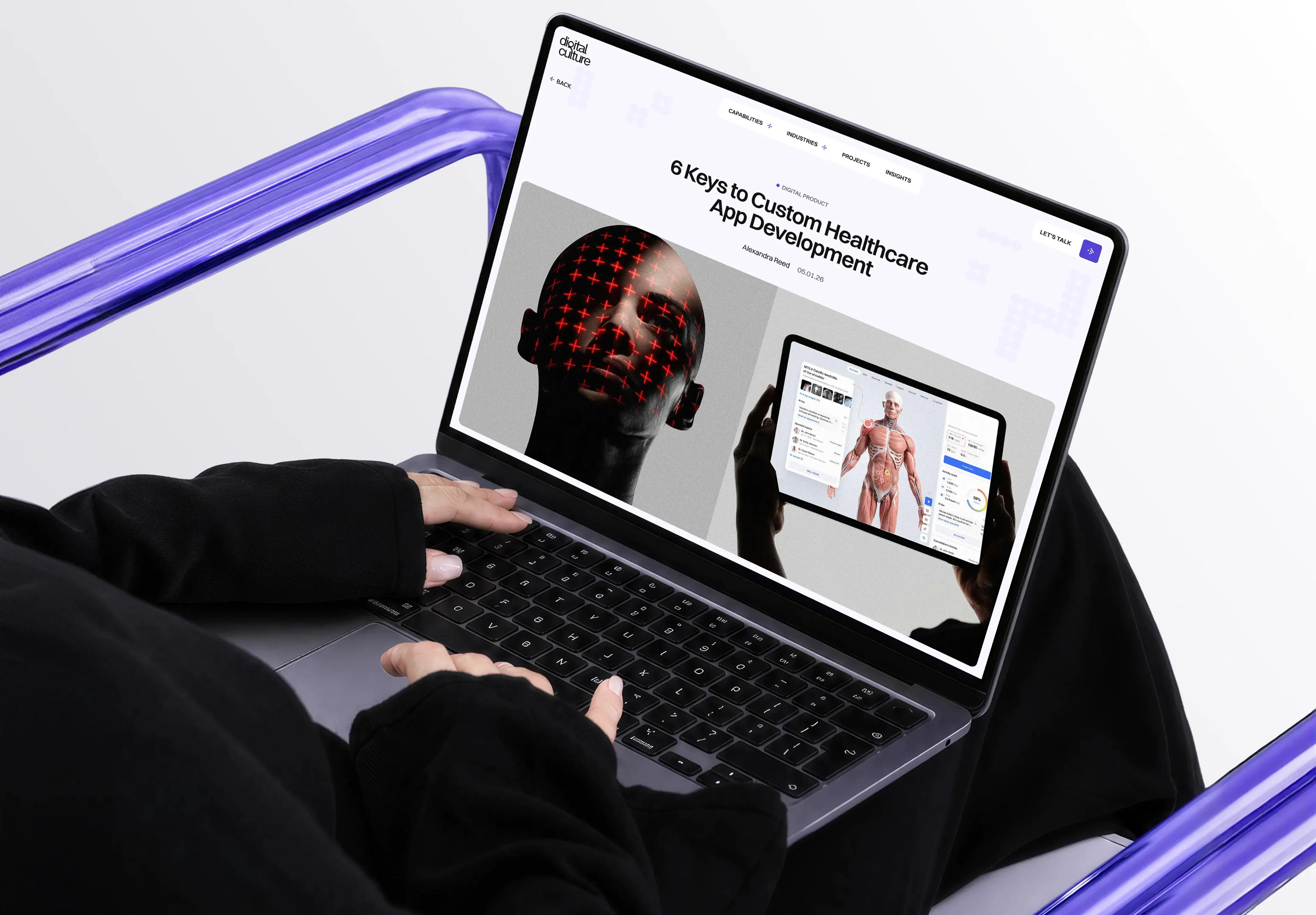article page about custom healthcare app development displayed on a laptop