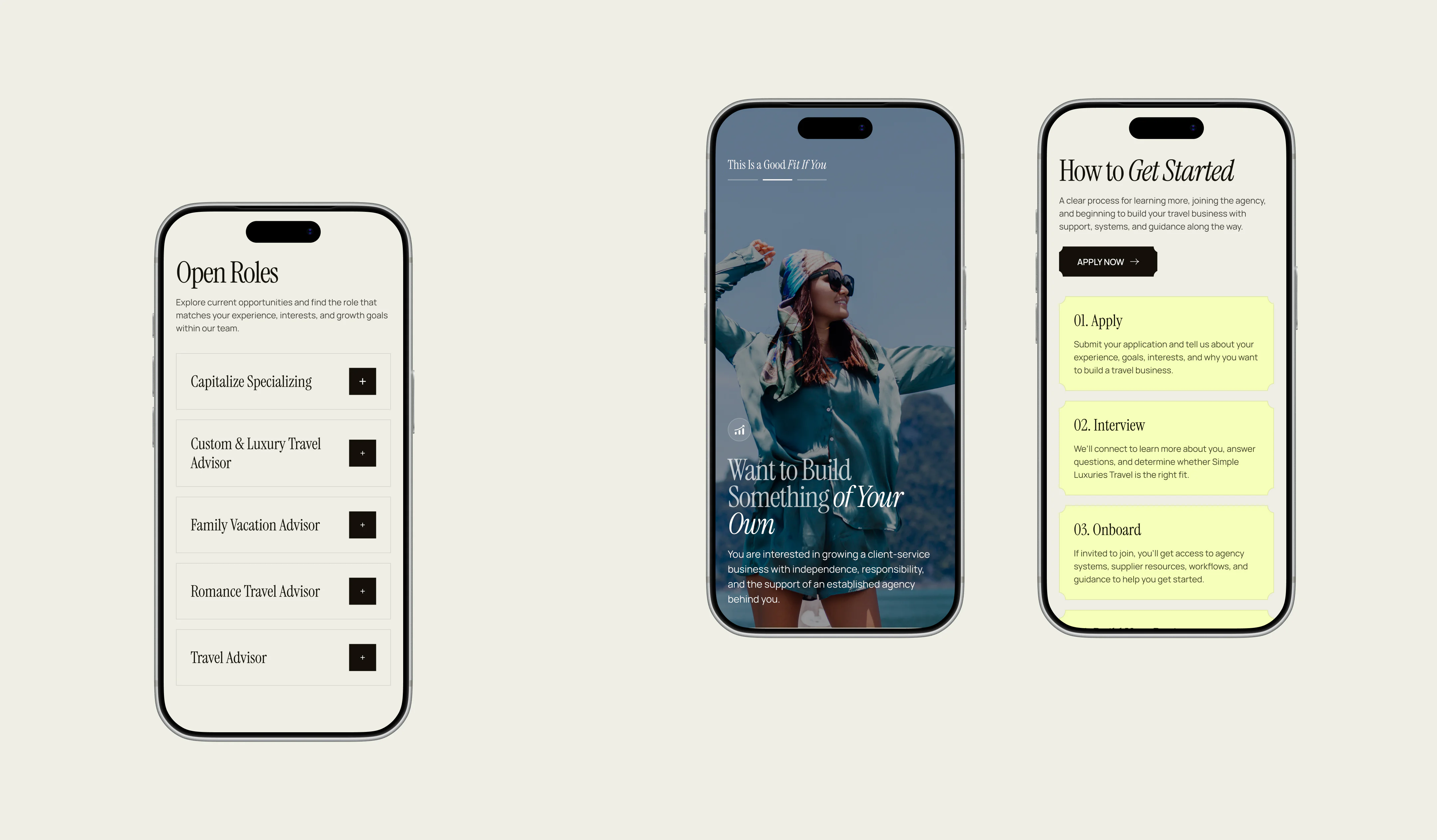 careers page with open roles and application process on mobile