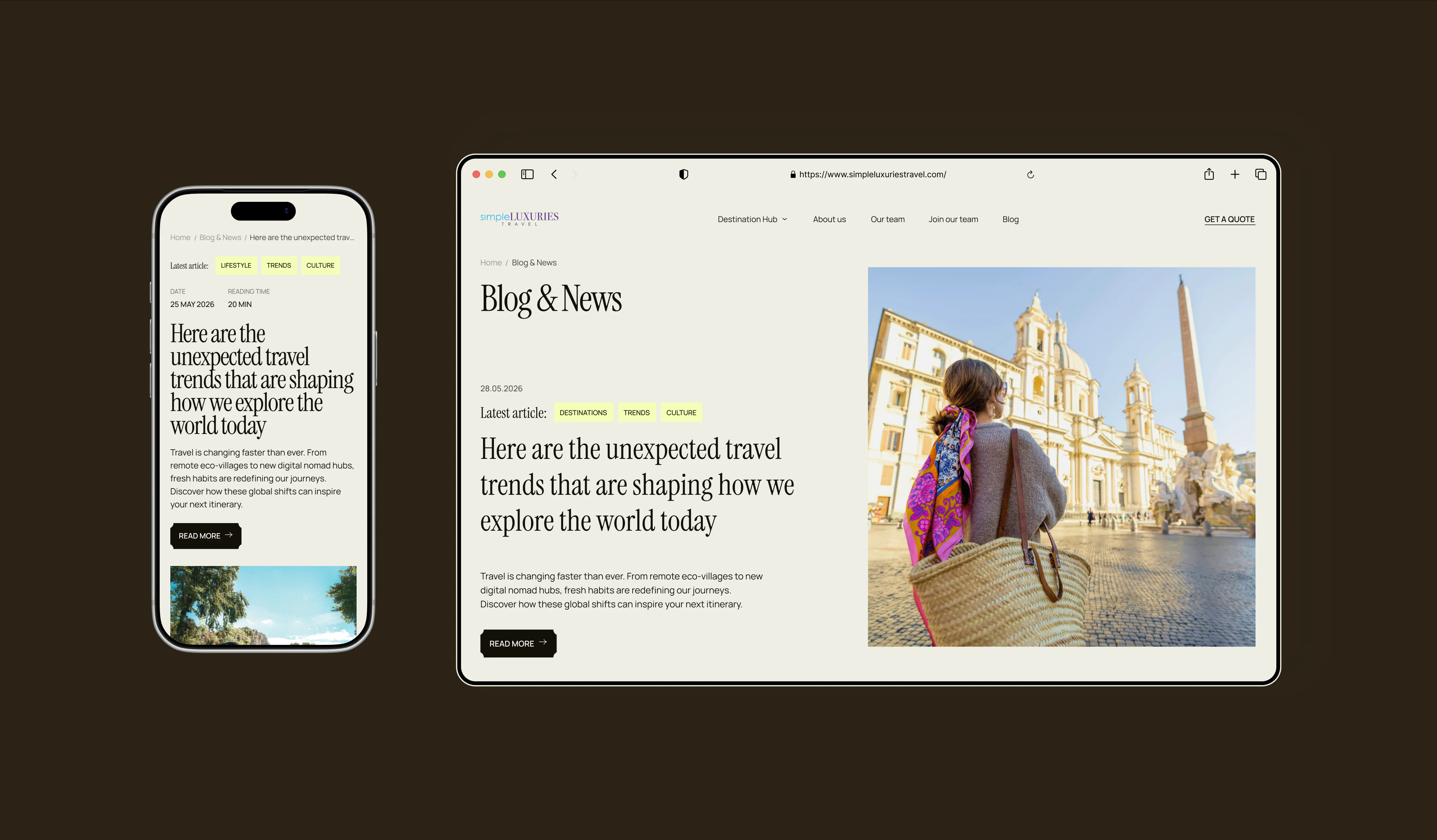 Travel blog and news page shown on desktop and mobile