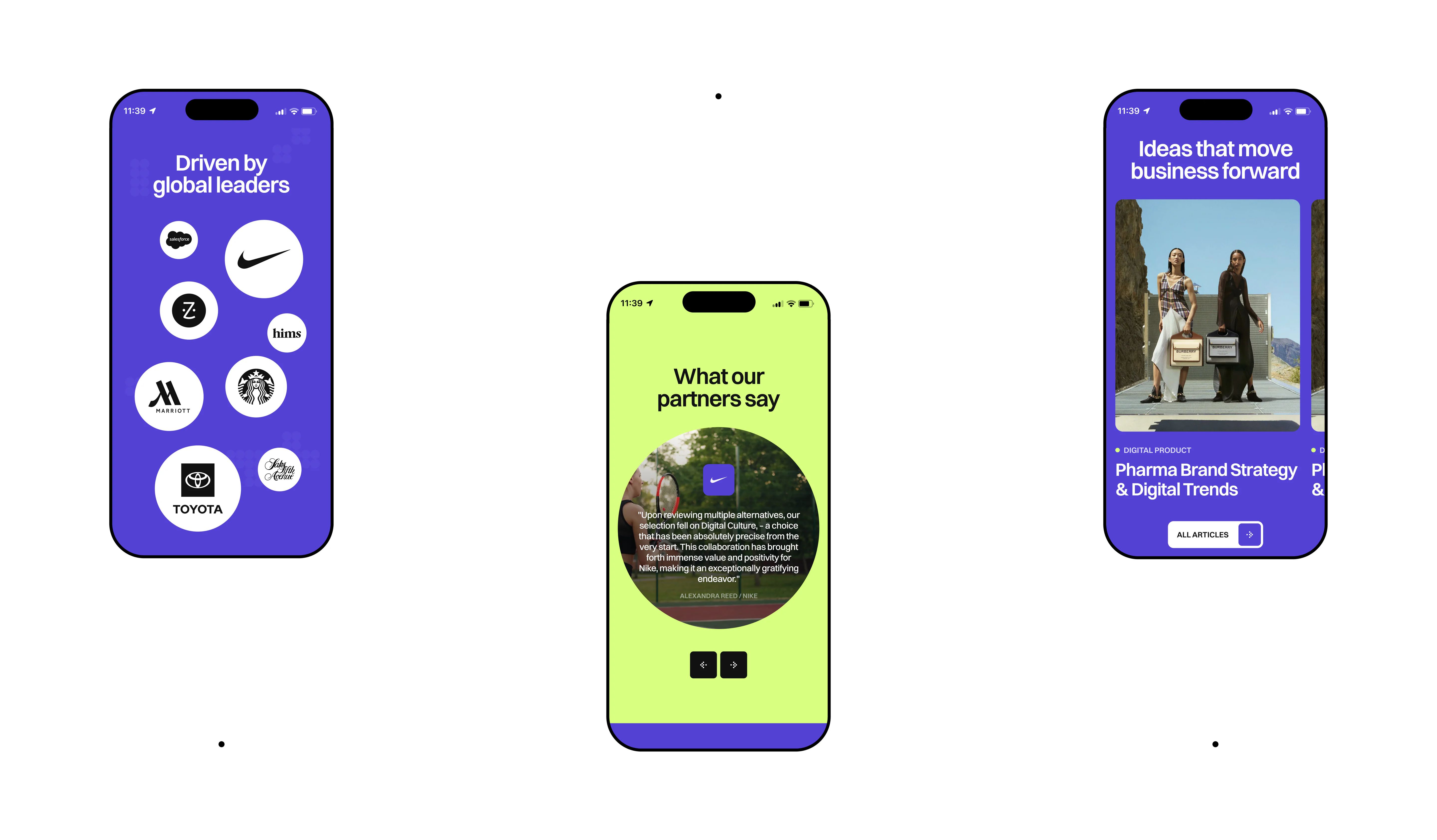 Digital Culture mobile website screens featuring client logos, testimonials, and insights content