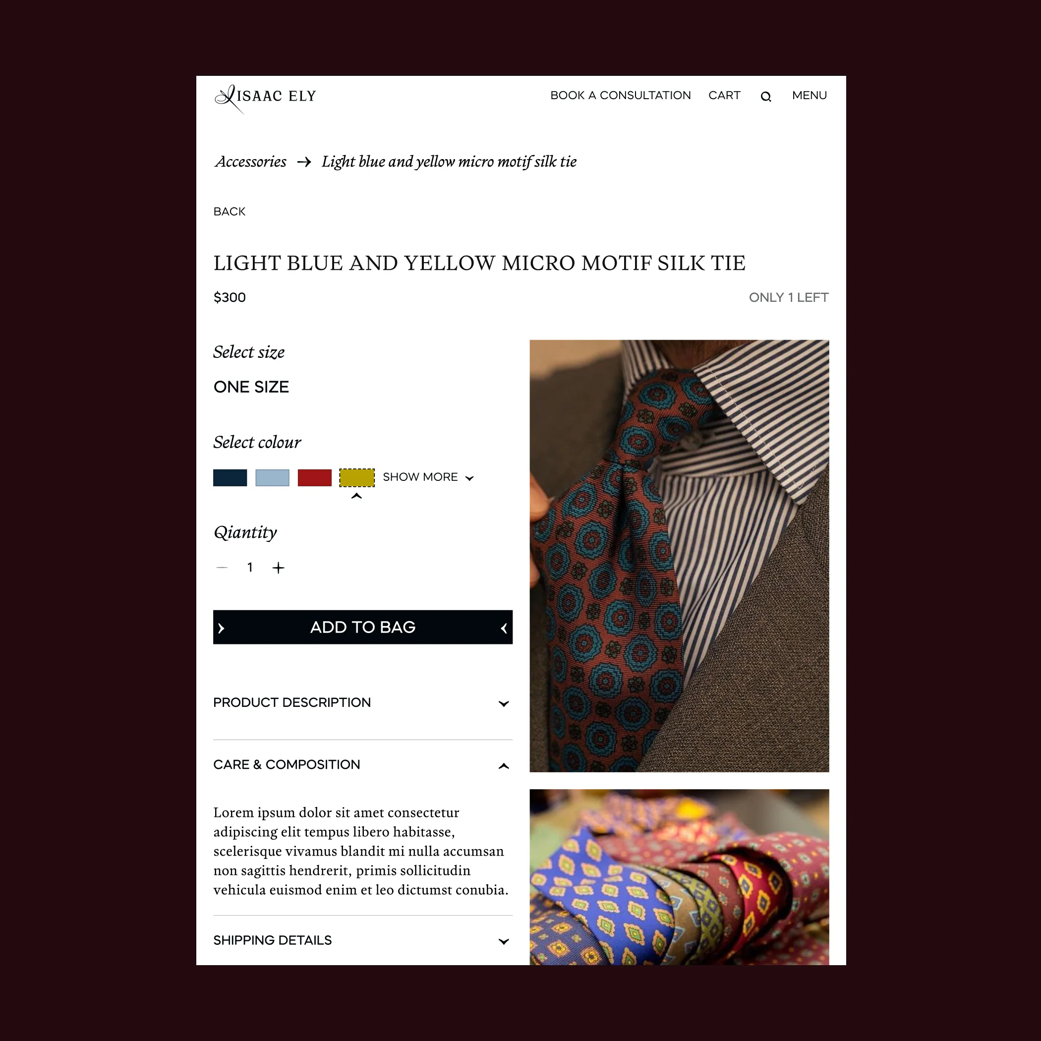 silk tie product page with color selection, product details, and luxury menswear imagery