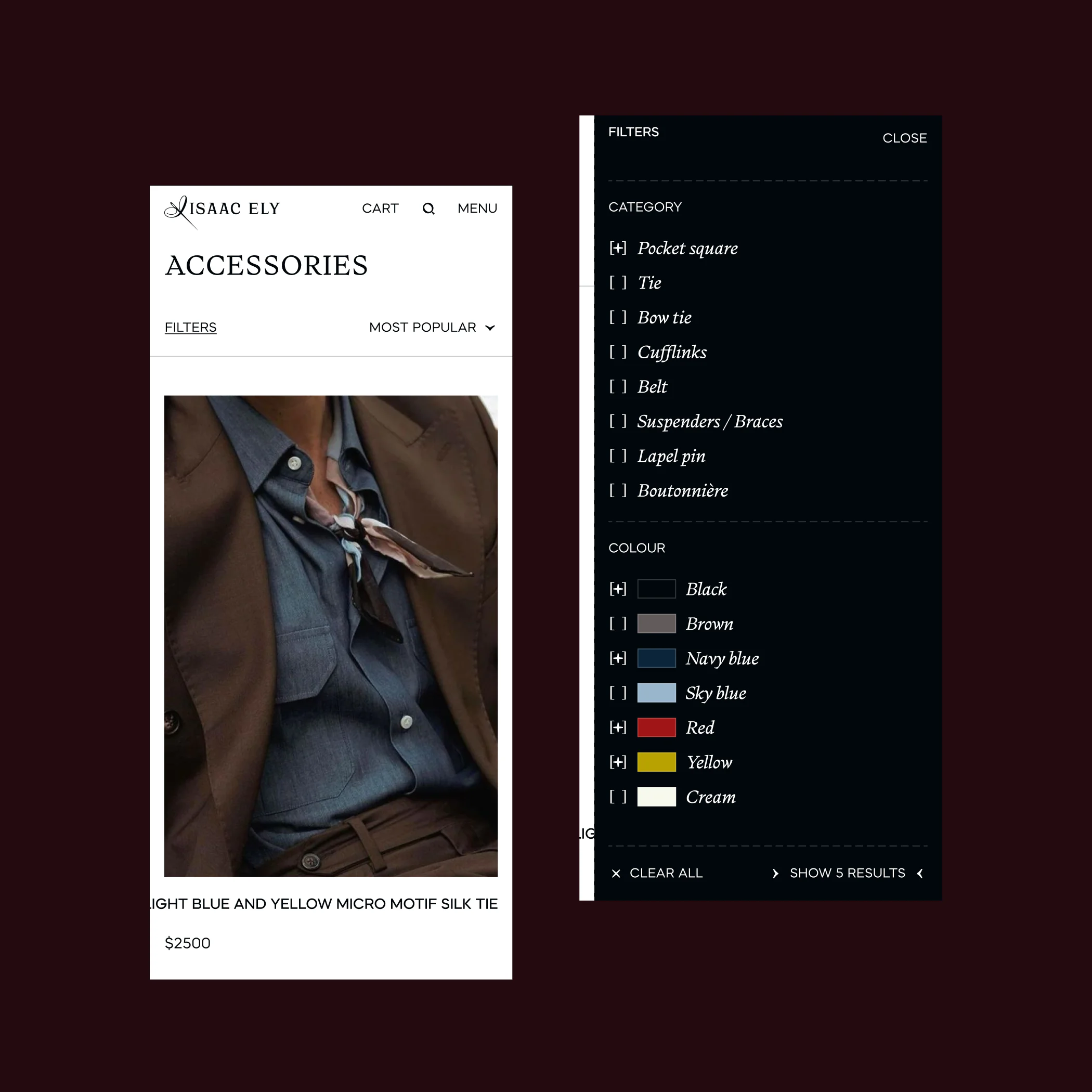 Isaac Ely mobile accessories shop with product listing and category and color filters