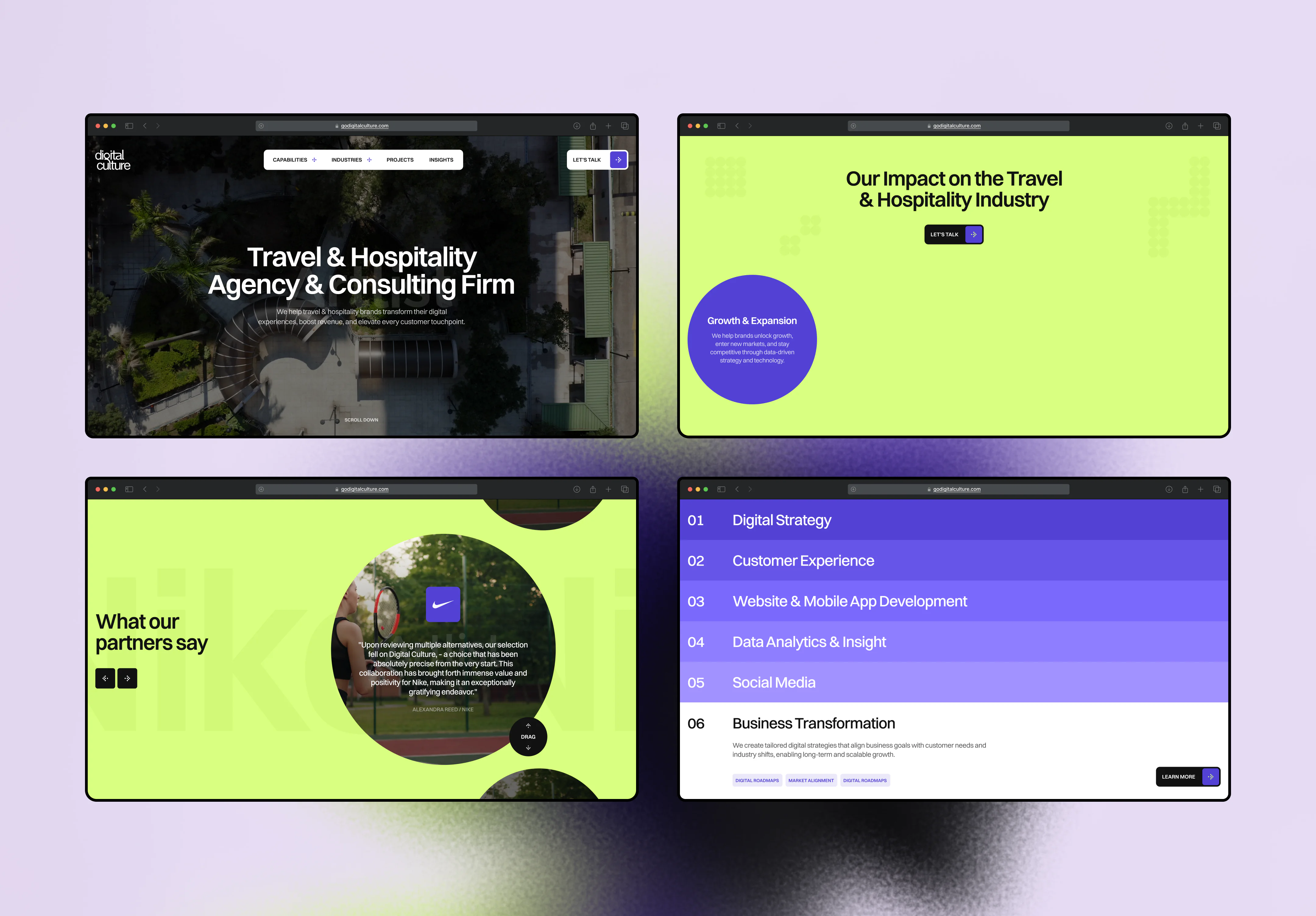 travel and hospitality website pages featuring industry impact, client testimonials, and digital services
