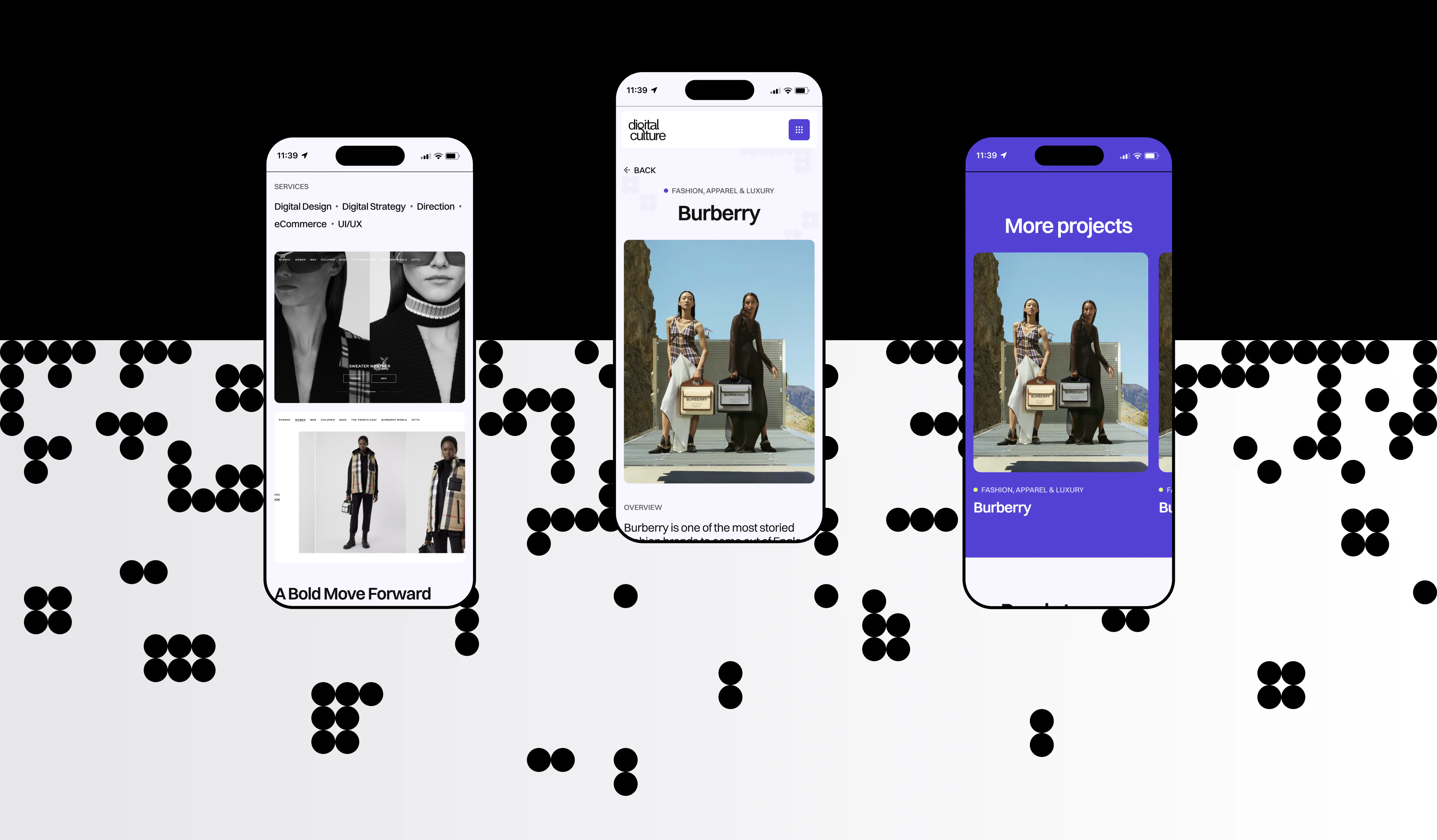 mobile project pages featuring Burberry case study content and additional projects