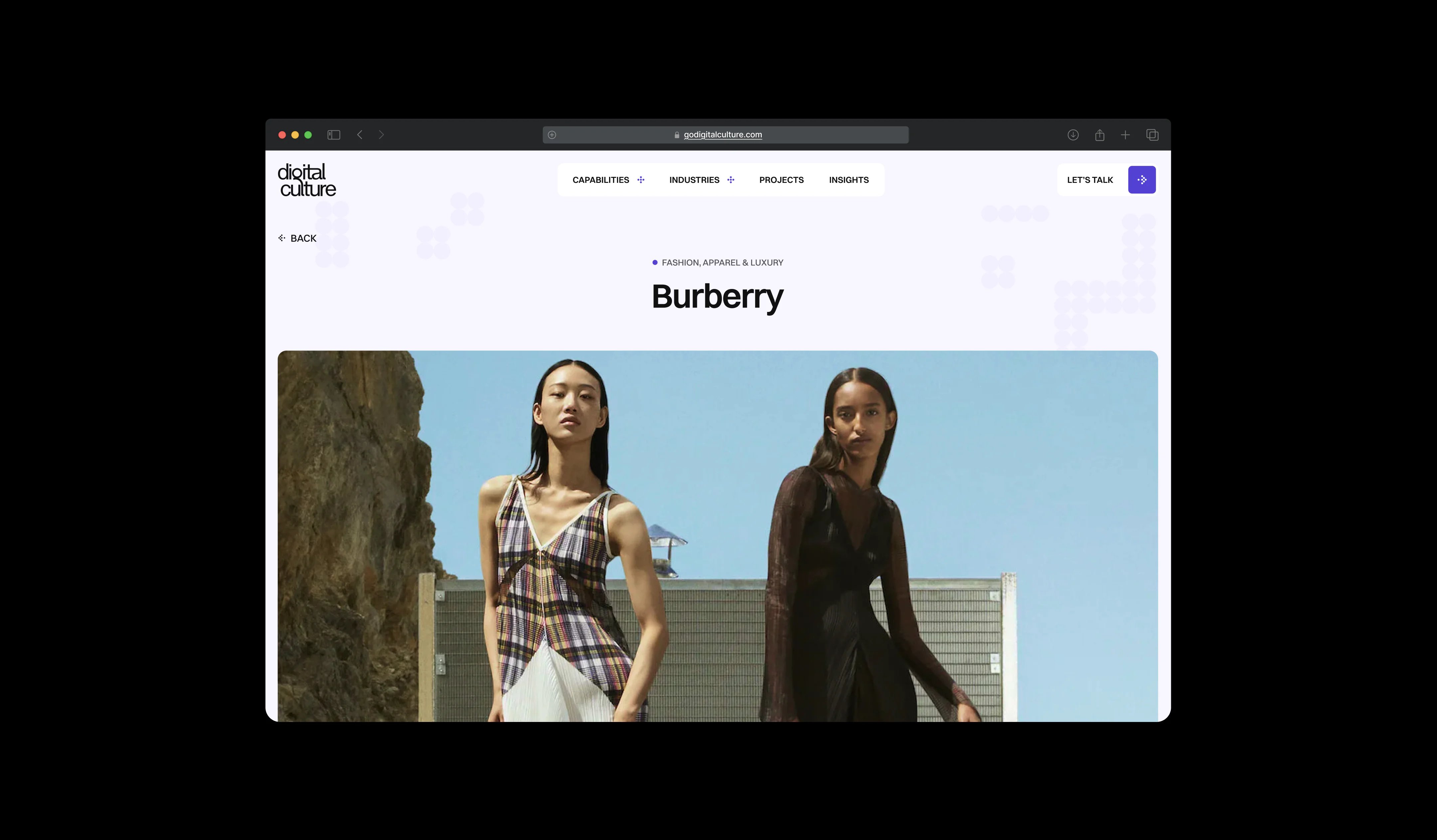 Burberry case study page featuring fashion campaign imagery and project navigation