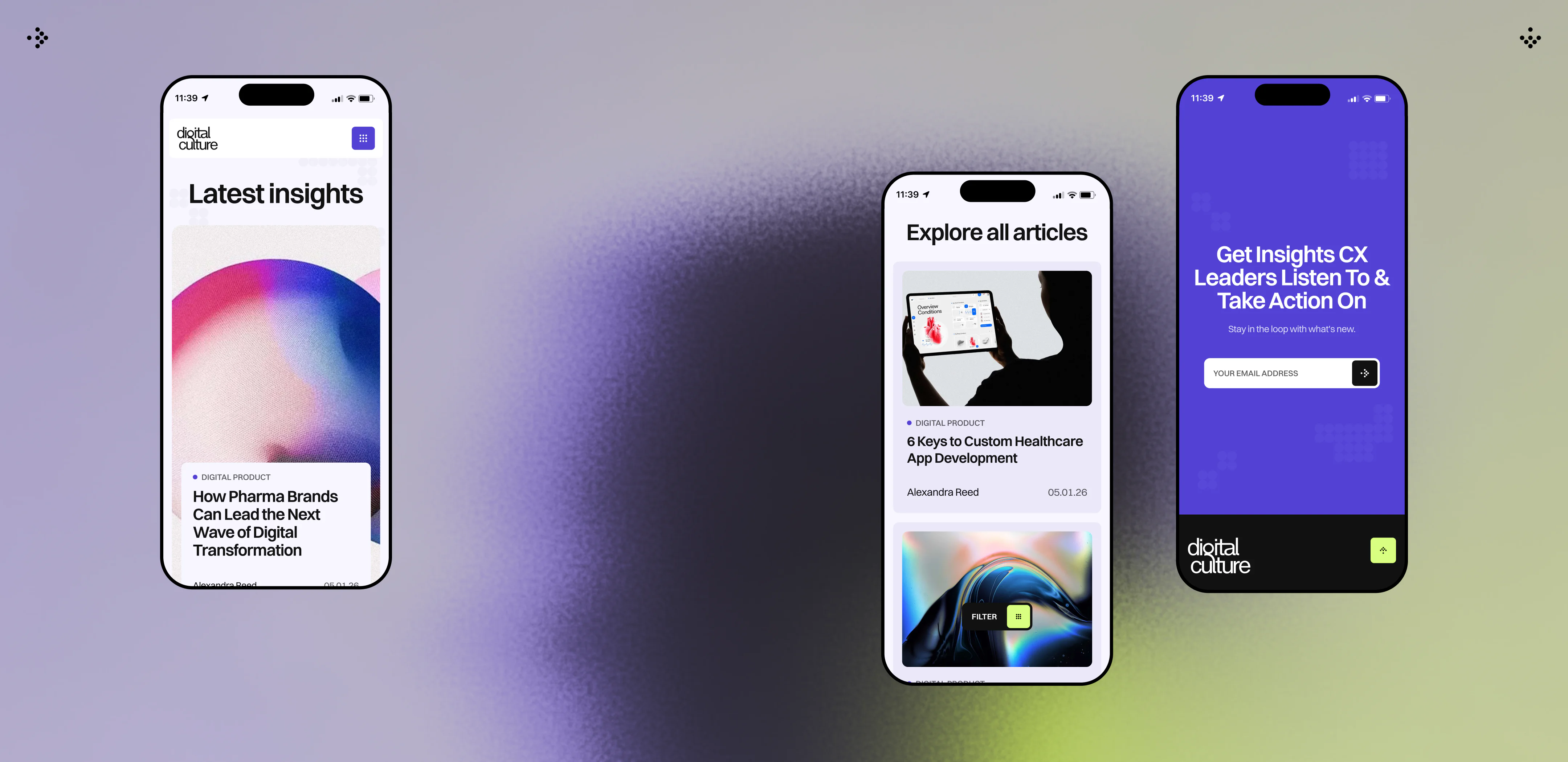 mobile insights pages featuring articles, healthcare app development content, and newsletter signup