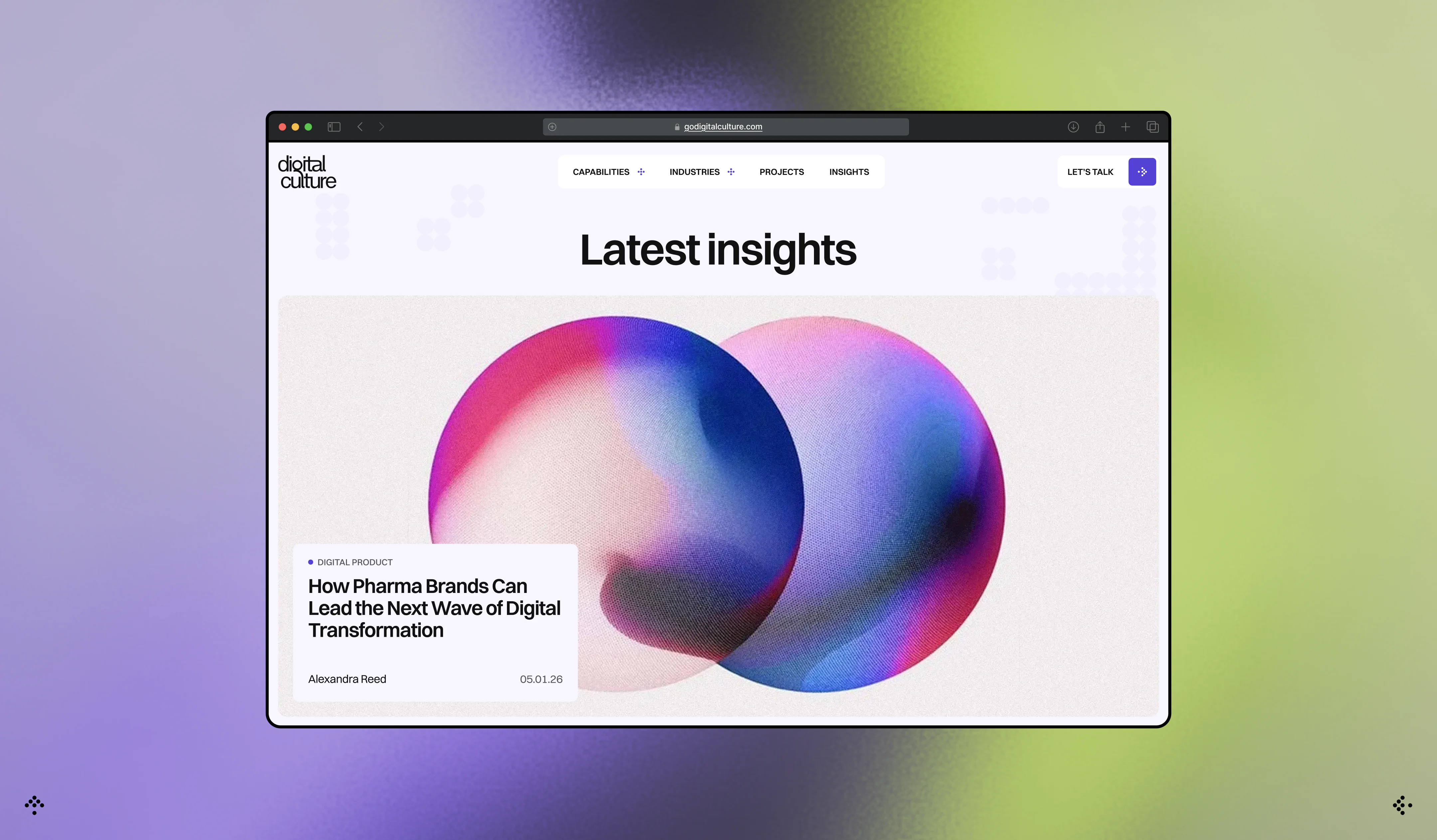 latest insights page featuring a digital transformation article and abstract visual