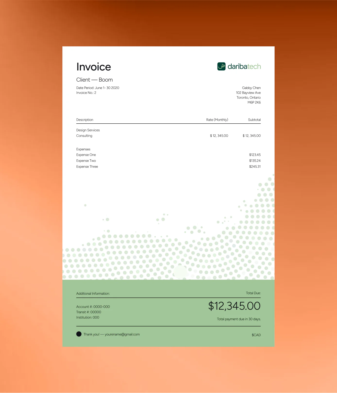 Branded invoice template created for the Daribatech tax technology platform
