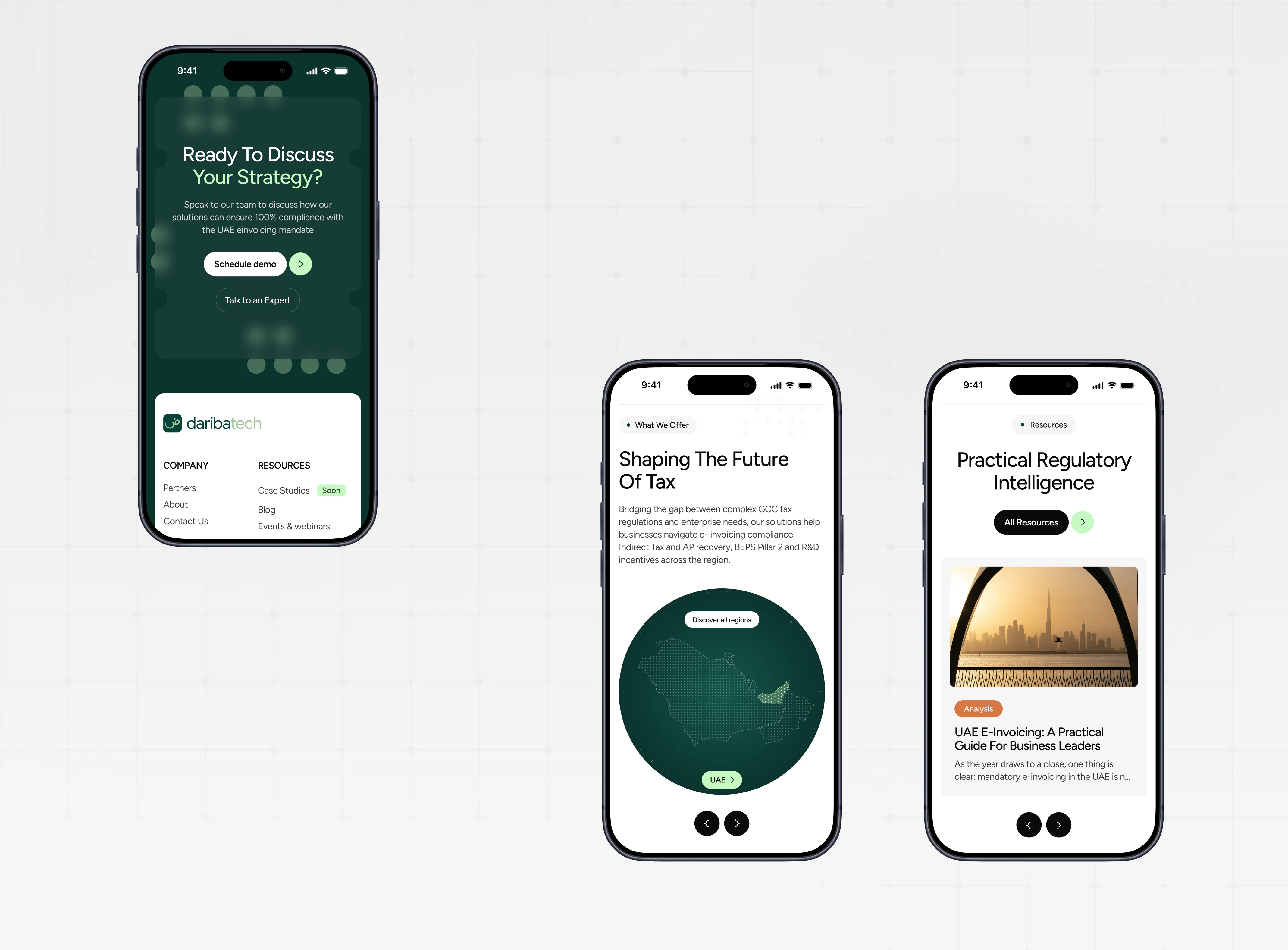 Responsive Daribatech website design showing tax solutions, resources, and contact sections