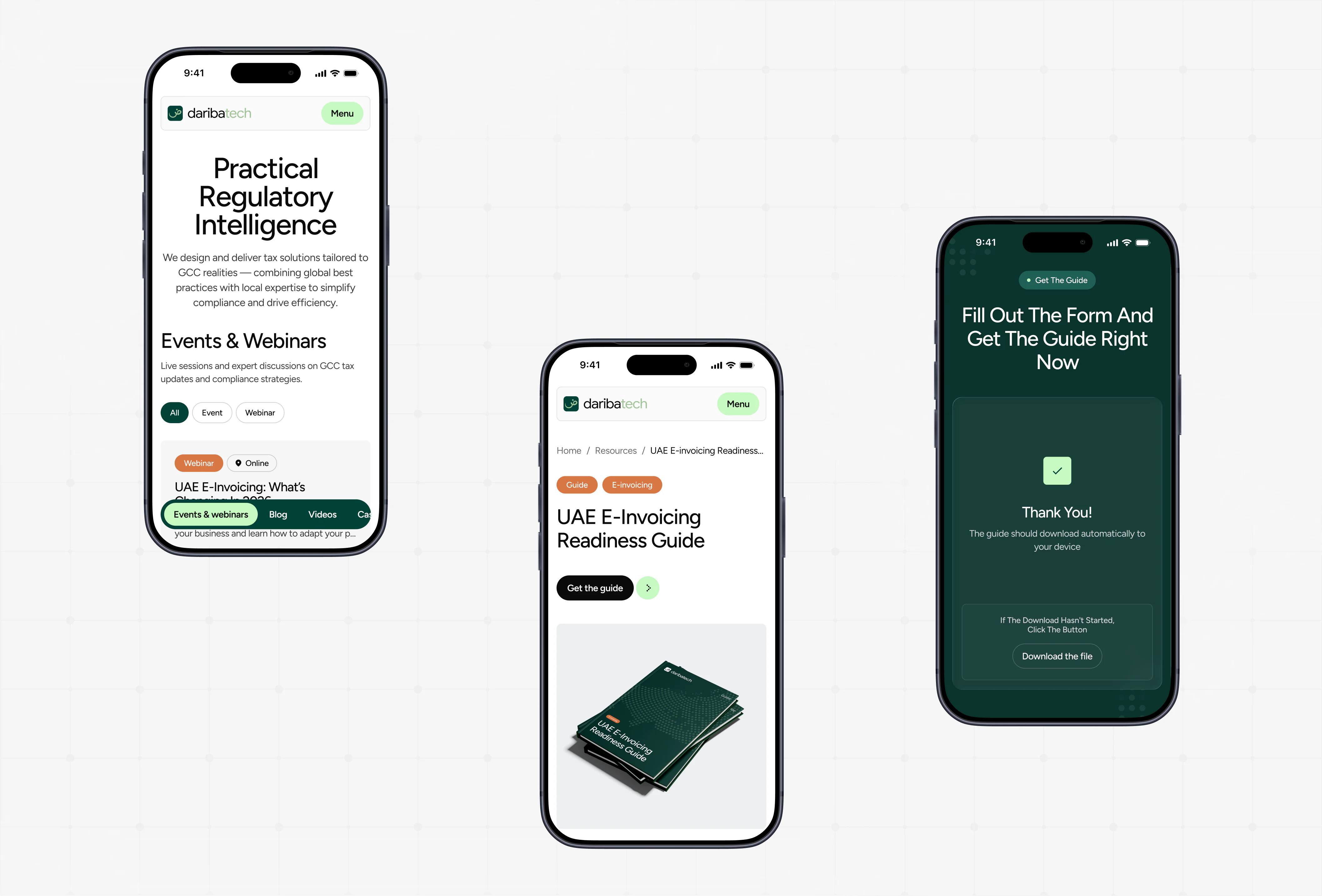 Daribatech mobile website screens for events, UAE e-invoicing guide, and form submission