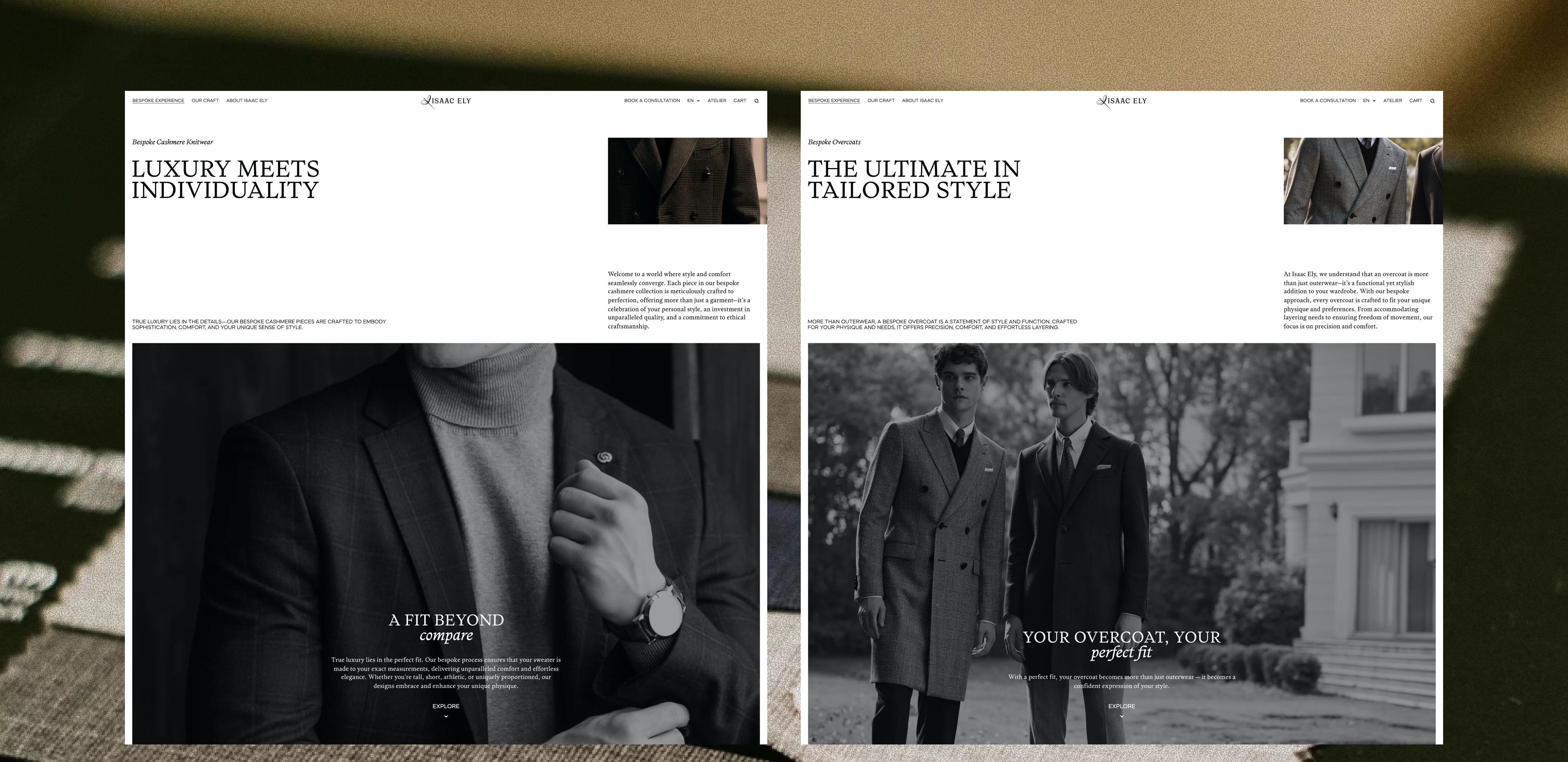 Isaac Ely bespoke cashmere knitwear and overcoat website pages with luxury menswear imagery