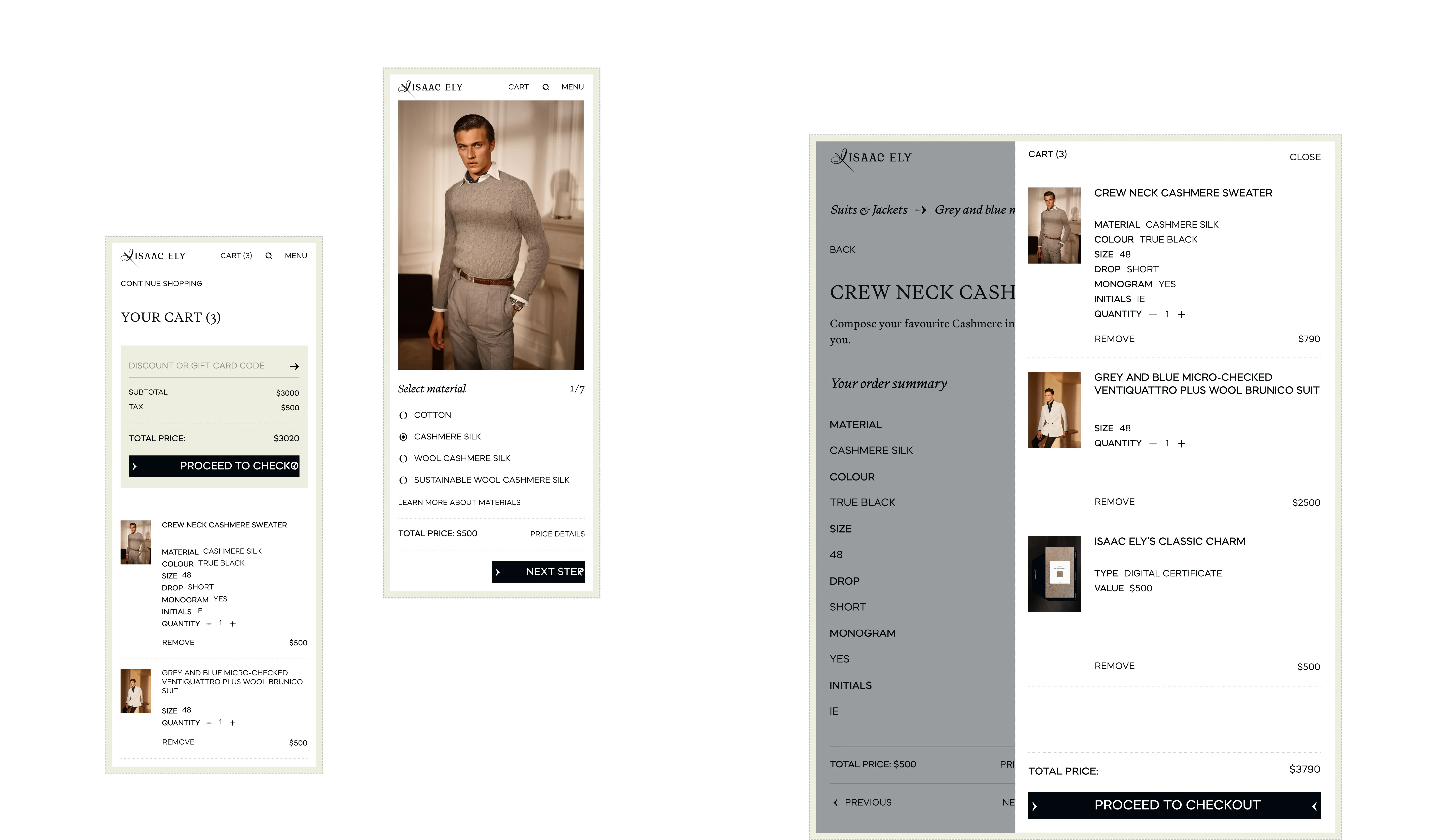 mobile shopping cart and custom cashmere sweater configurator interface