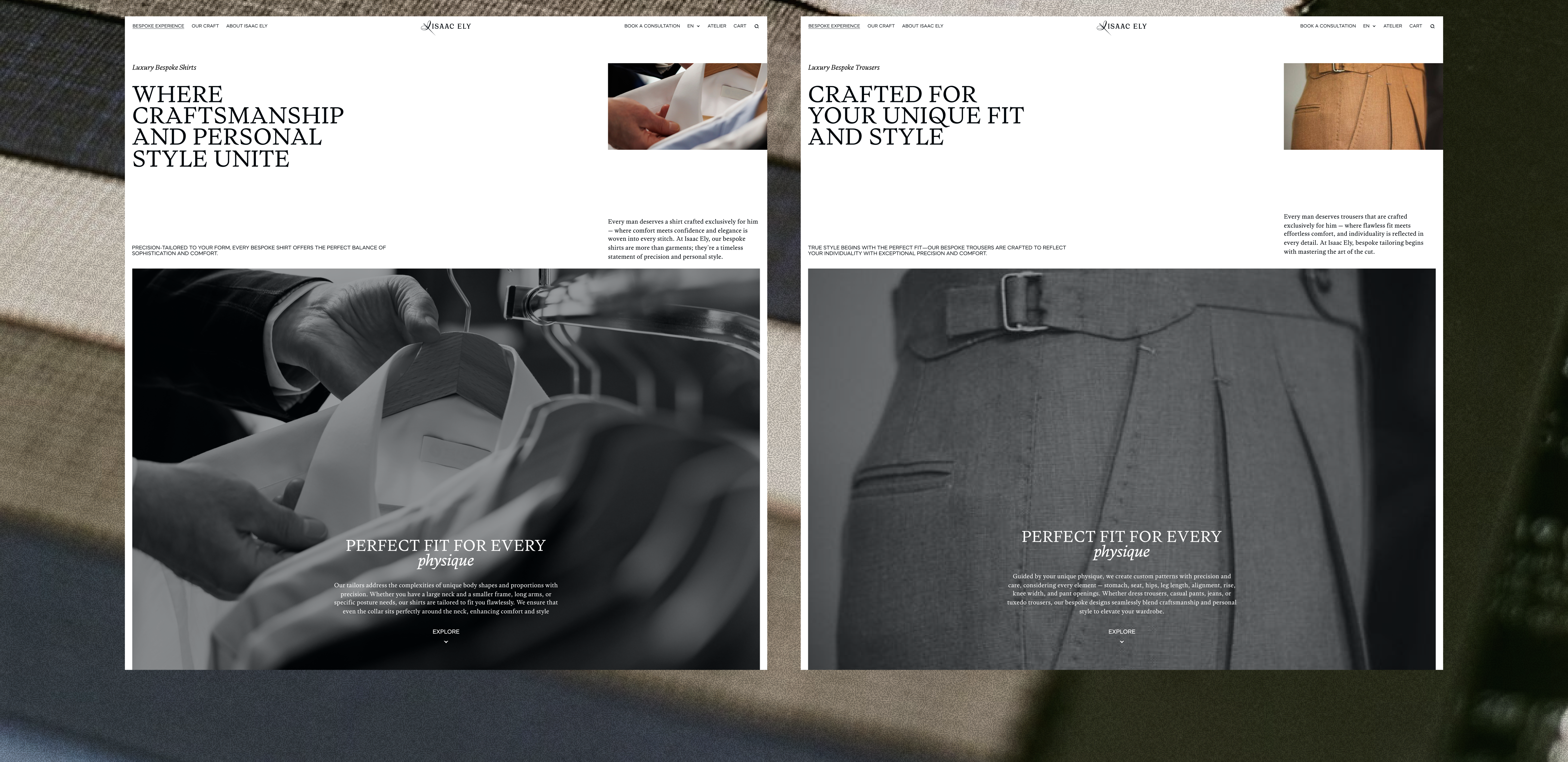 bespoke shirts and tailored trousers website pages focused on fit and craftsmanship