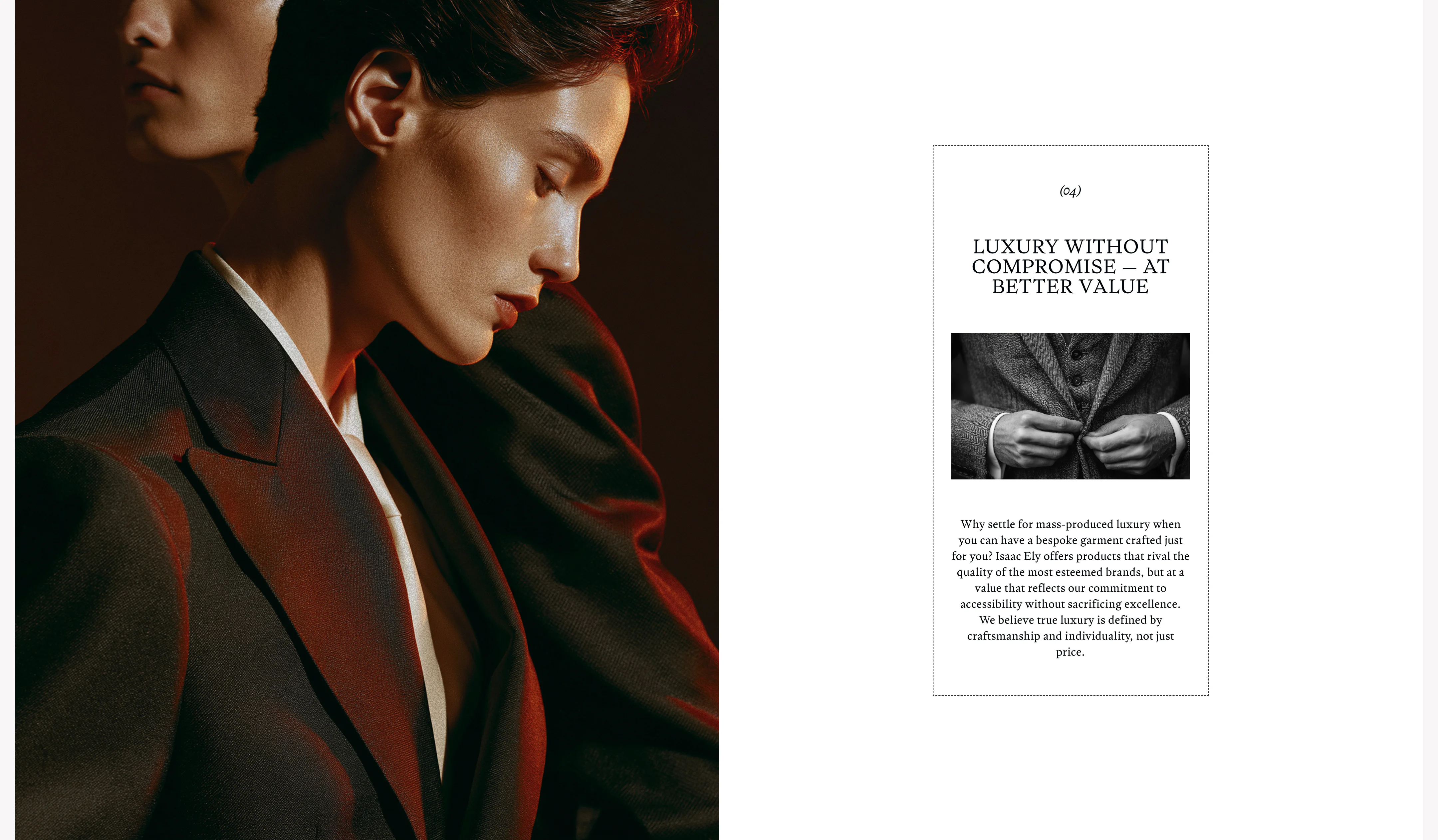 Isaac Ely luxury tailoring brand section highlighting craftsmanship, individuality, and premium value